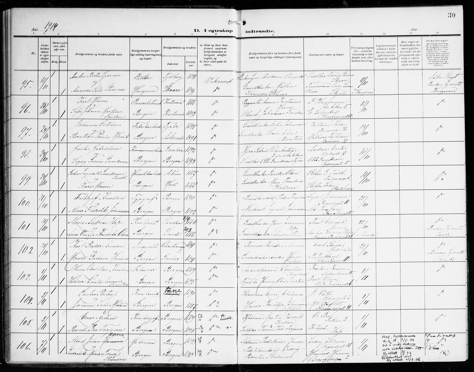 Johanneskirken sokneprestembete, AV/SAB-A-76001/H/Haa/L0013: Parish register (official) no. D 2, 1912-1929, p. 30