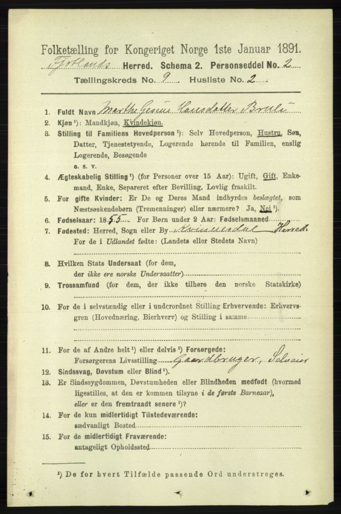 RA, 1891 census for 1036 Fjotland, 1891, p. 1309