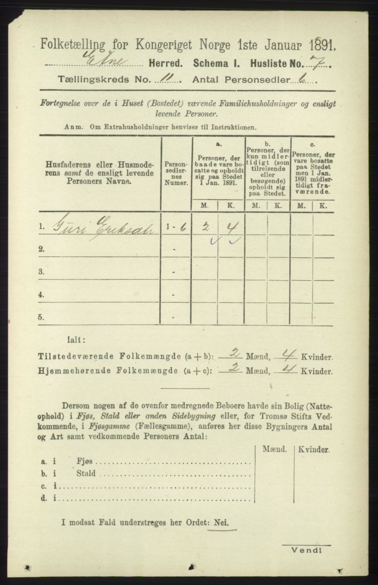 RA, 1891 census for 1211 Etne, 1891, p. 2209