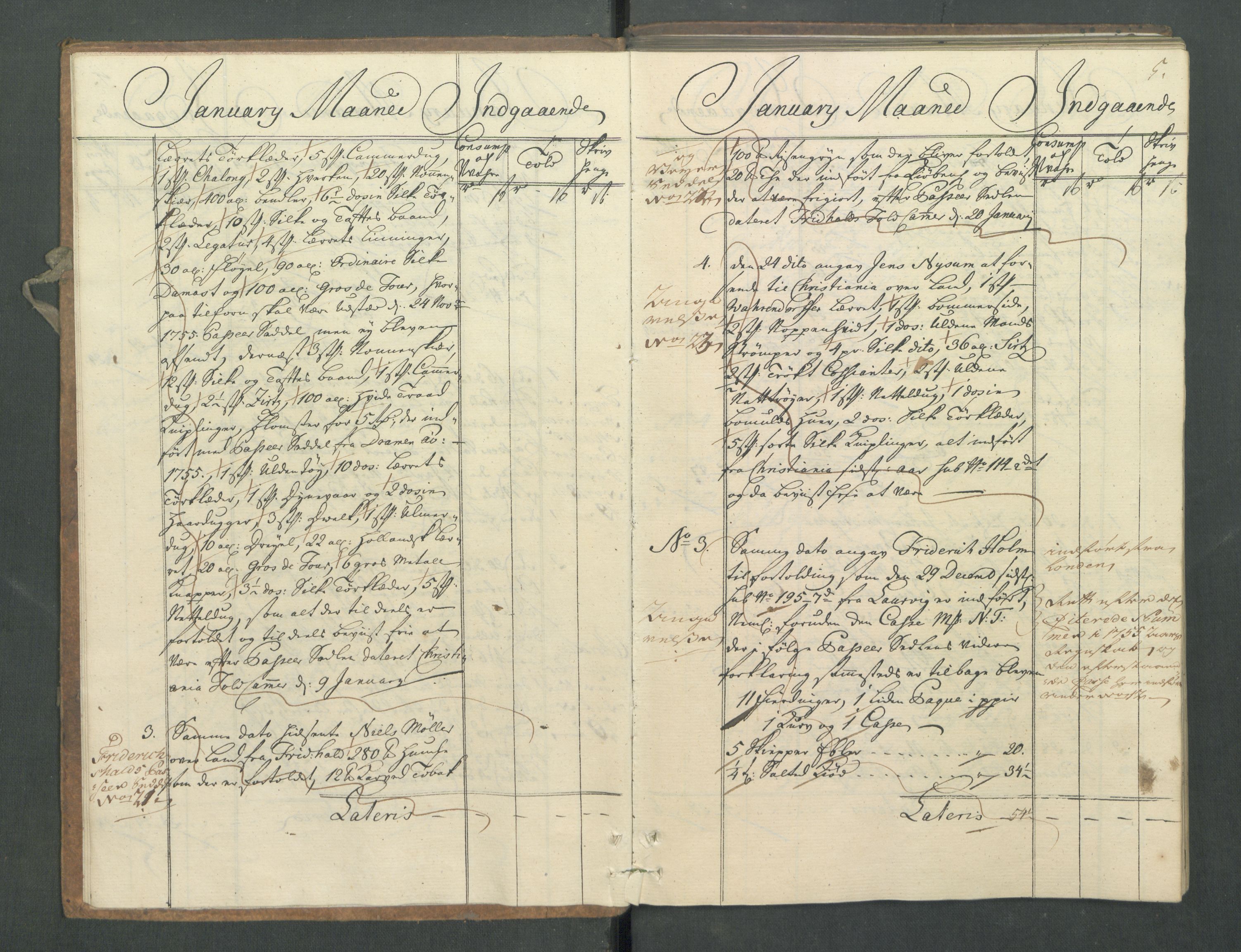 Generaltollkammeret, tollregnskaper, AV/RA-EA-5490/R02/L0022/0001: Tollregnskaper Fredrikstad / Inngående hovedtollbok, 1756, p. 4b-5a