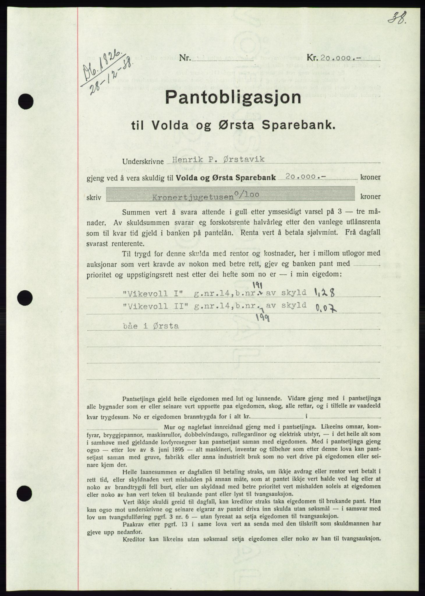 Søre Sunnmøre sorenskriveri, AV/SAT-A-4122/1/2/2C/L0067: Mortgage book no. 61, 1938-1939, Diary no: : 1826/1938