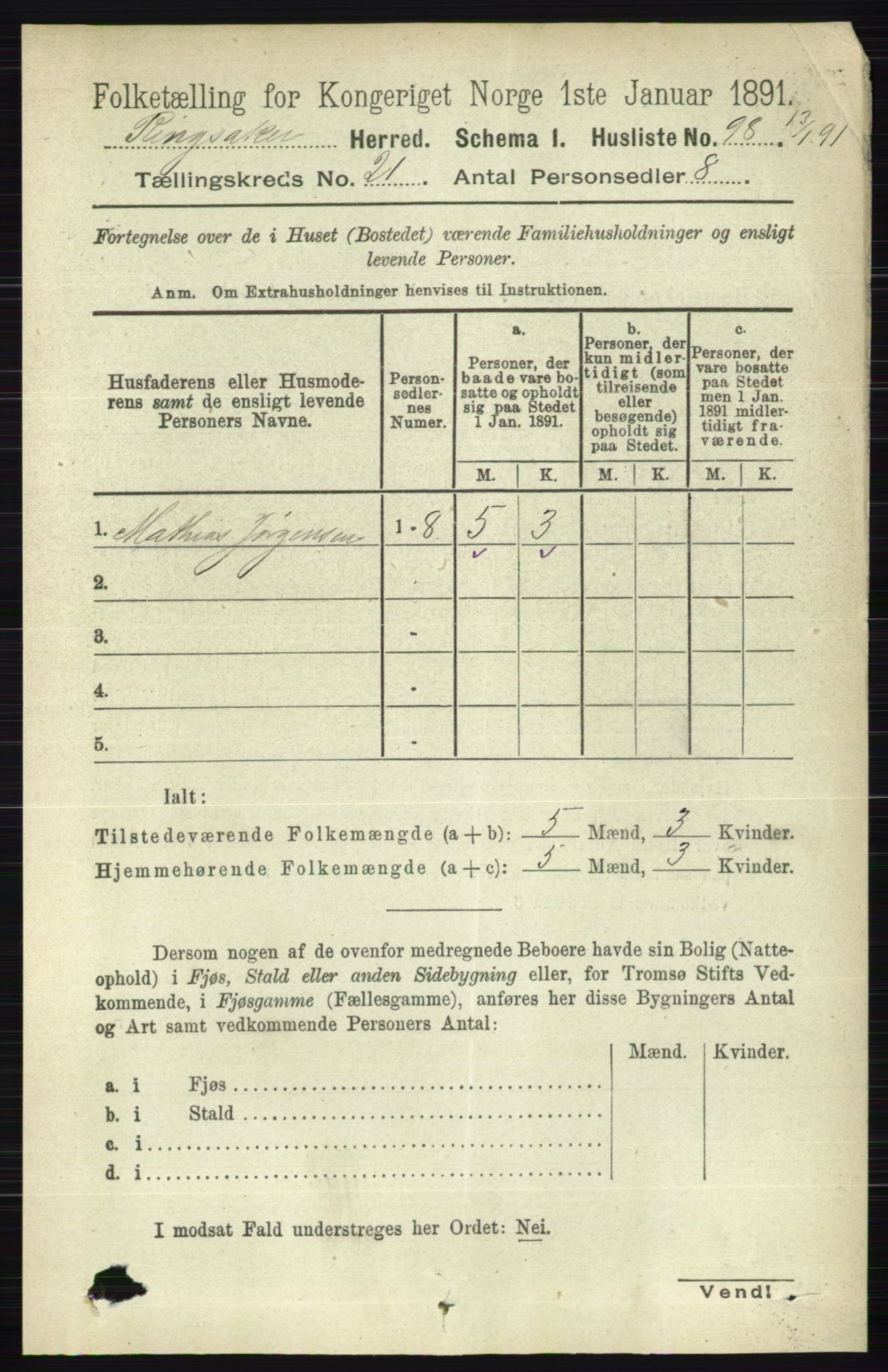 RA, 1891 census for 0412 Ringsaker, 1891, p. 11784