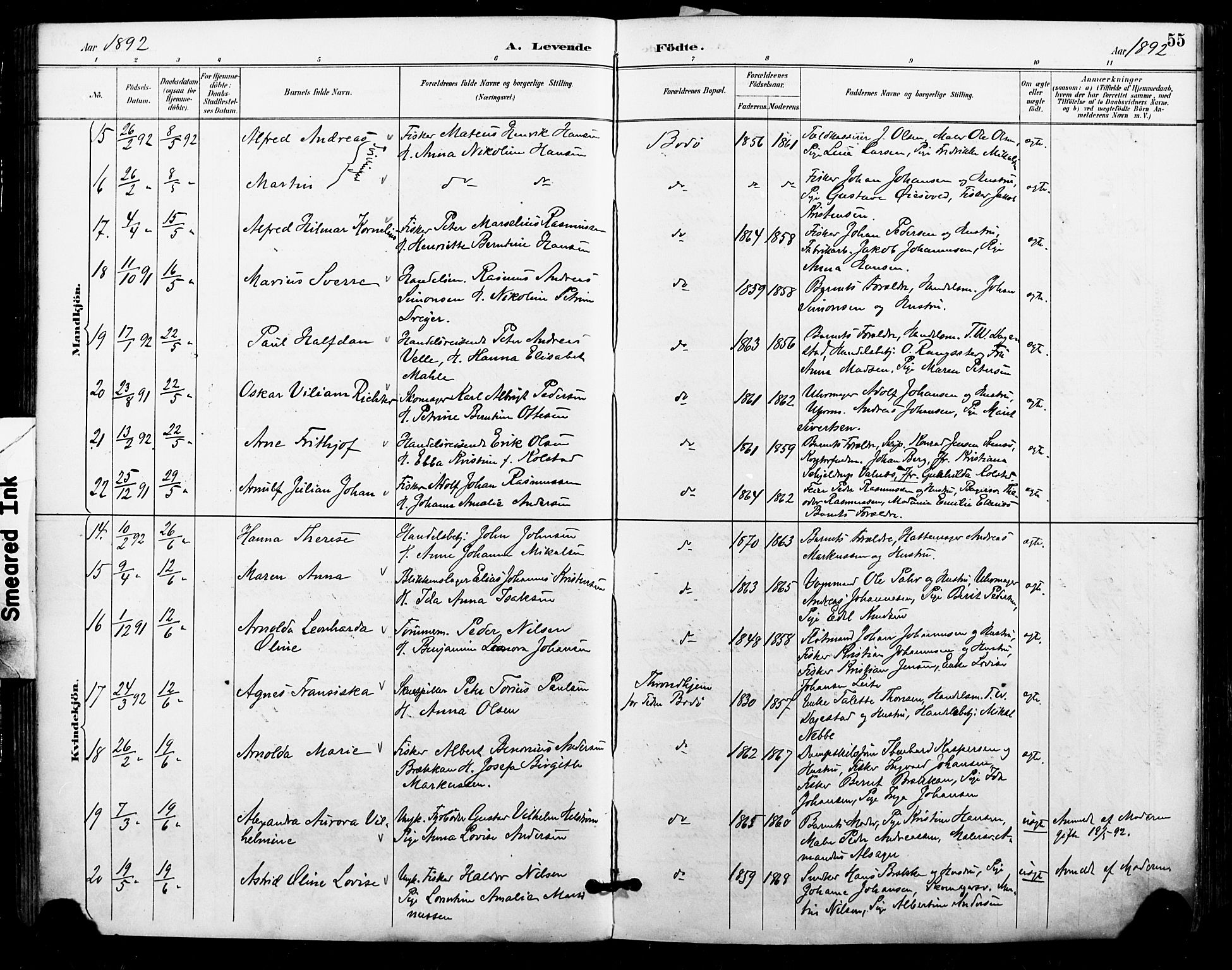 Ministerialprotokoller, klokkerbøker og fødselsregistre - Nordland, SAT/A-1459/801/L0010: Parish register (official) no. 801A10, 1888-1899, p. 55