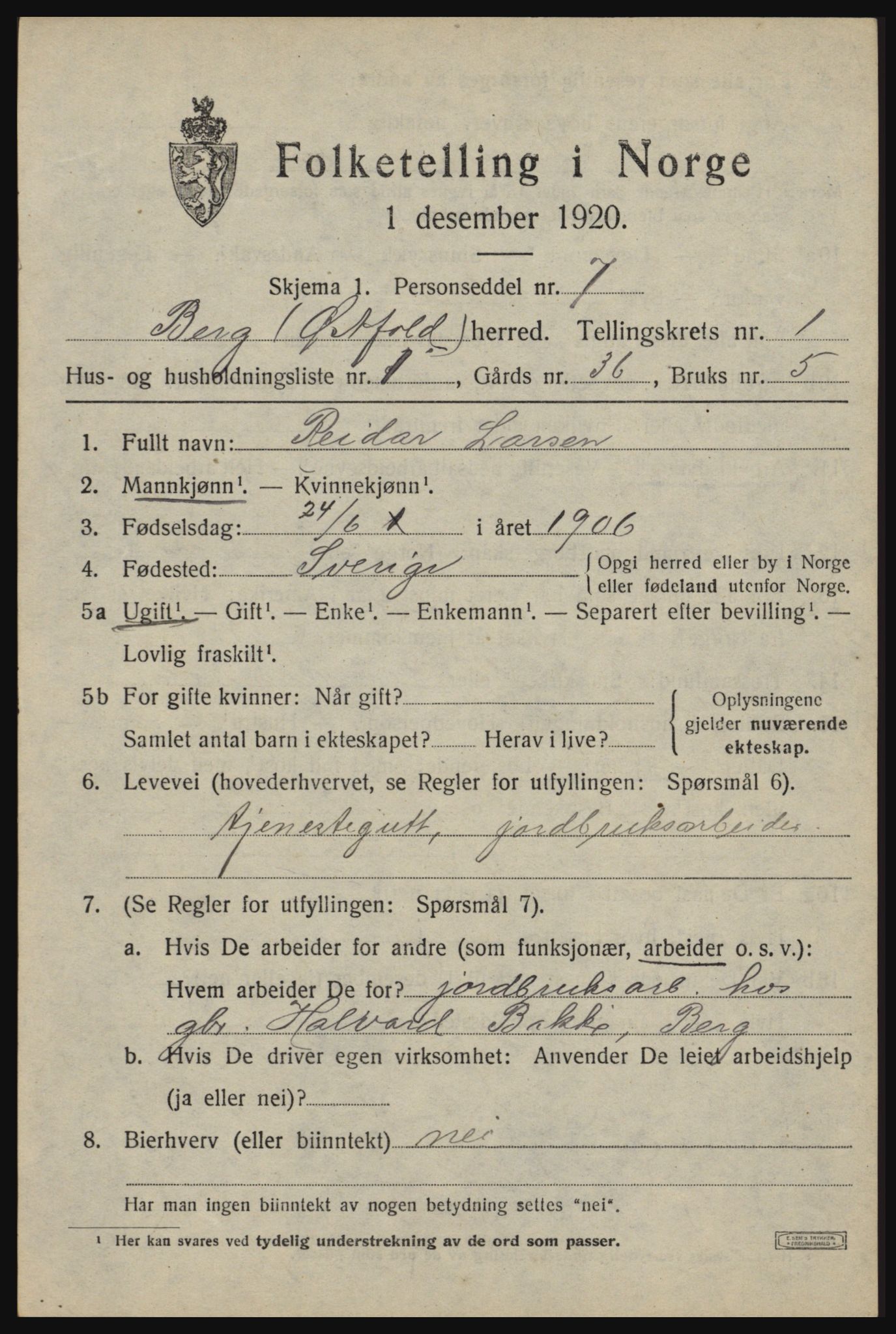 SAO, 1920 census for Berg, 1920, p. 1957