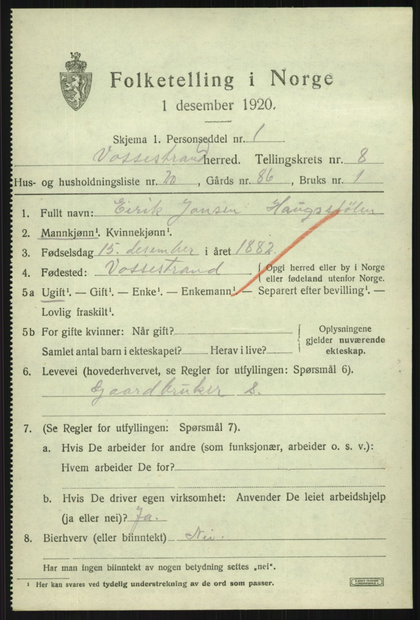 SAB, 1920 census for Vossestrand, 1920, p. 3890