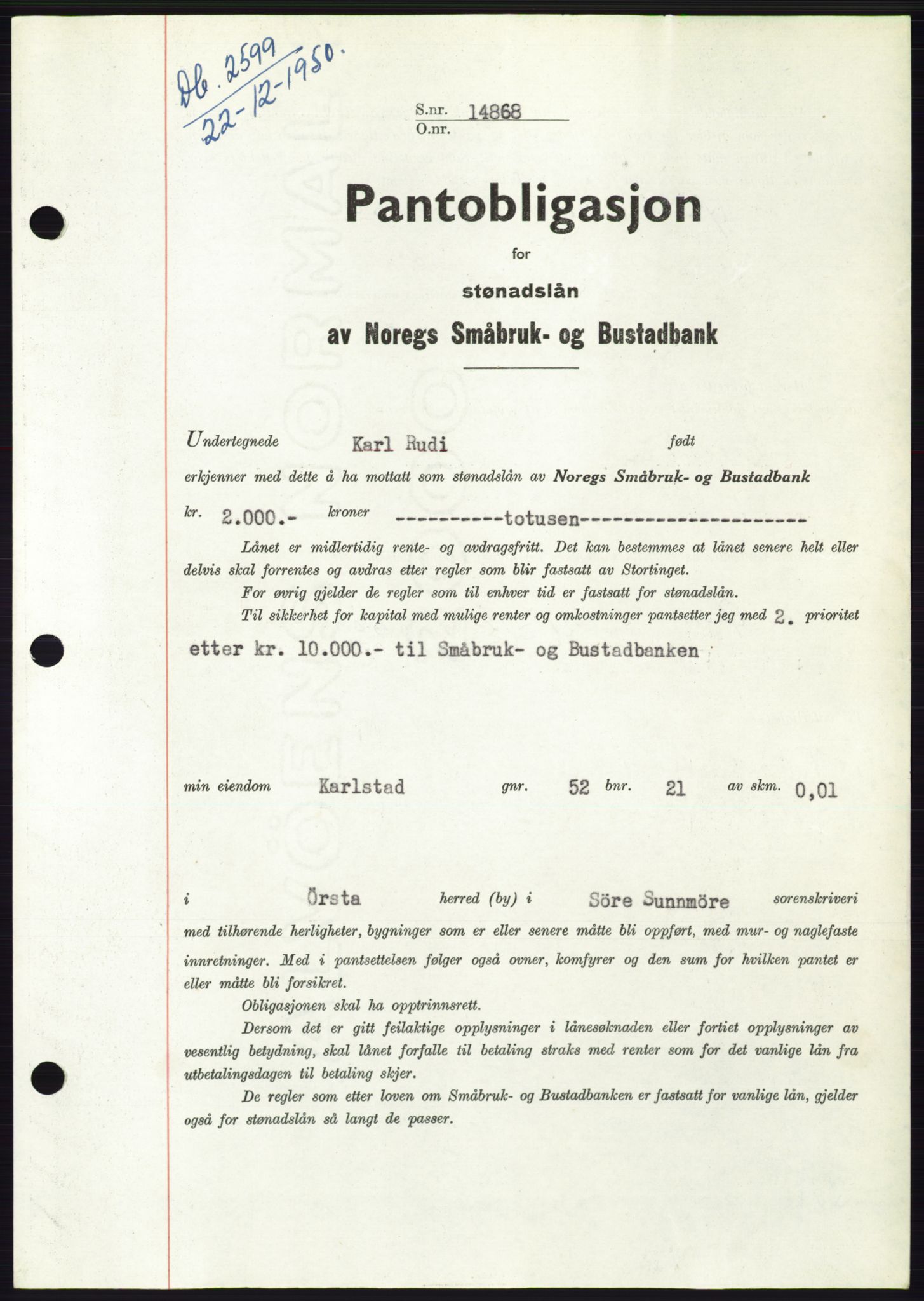 Søre Sunnmøre sorenskriveri, AV/SAT-A-4122/1/2/2C/L0119: Mortgage book no. 7B, 1950-1951, Diary no: : 2599/1950