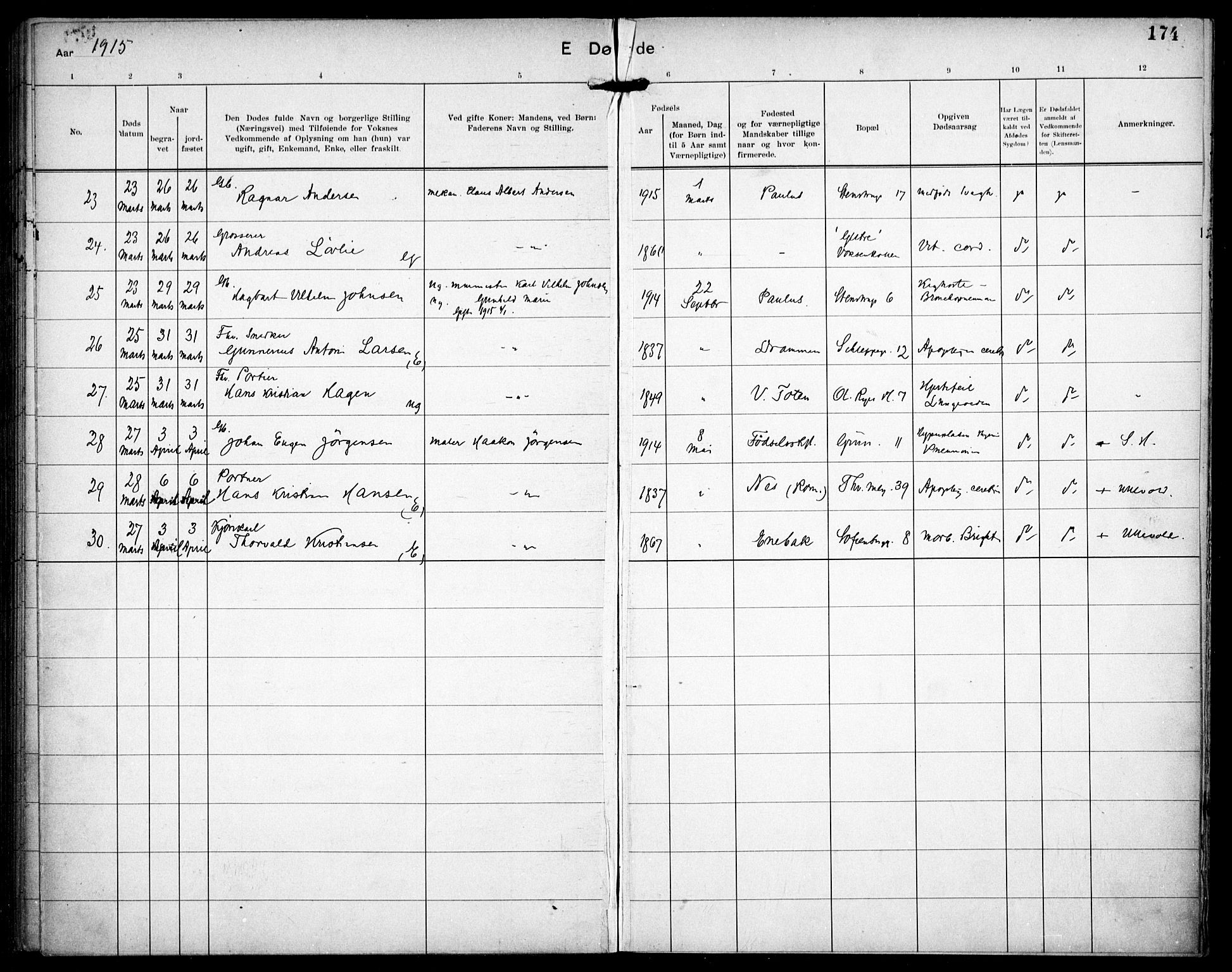 Paulus prestekontor Kirkebøker, AV/SAO-A-10871/F/Fa/L0018: Parish register (official) no. 18, 1906-1915, p. 174