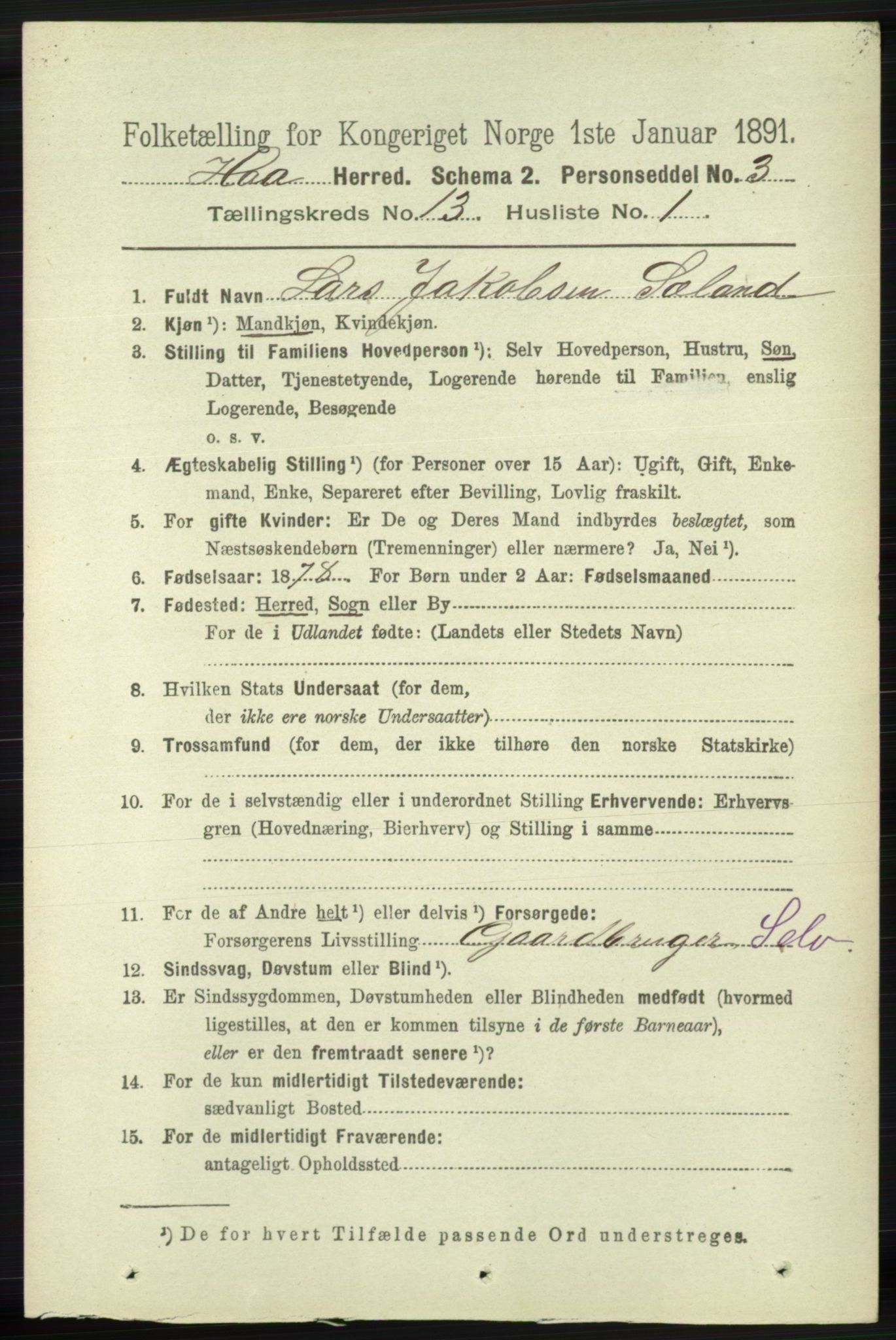 RA, 1891 census for 1119 Hå, 1891, p. 3158