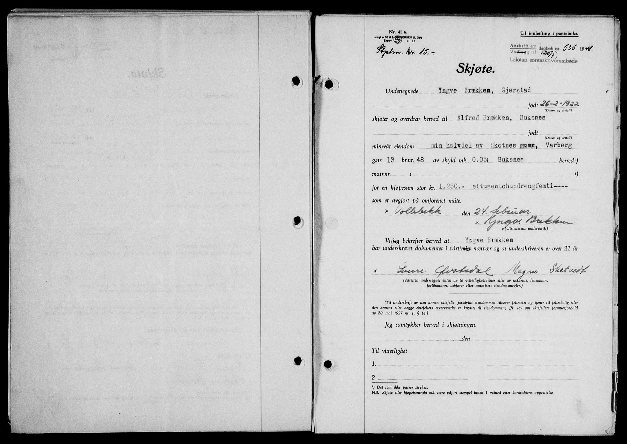 Lofoten sorenskriveri, SAT/A-0017/1/2/2C/L0018a: Mortgage book no. 18a, 1948-1948, Diary no: : 535/1948