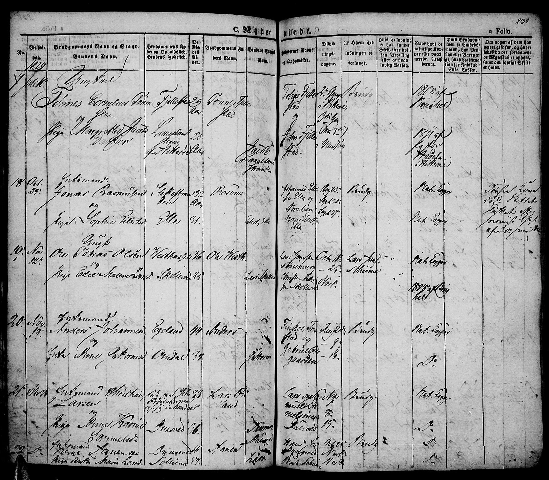 Lista sokneprestkontor, AV/SAK-1111-0027/F/Fa/L0008: Parish register (official) no. A 8, 1823-1835, p. 239