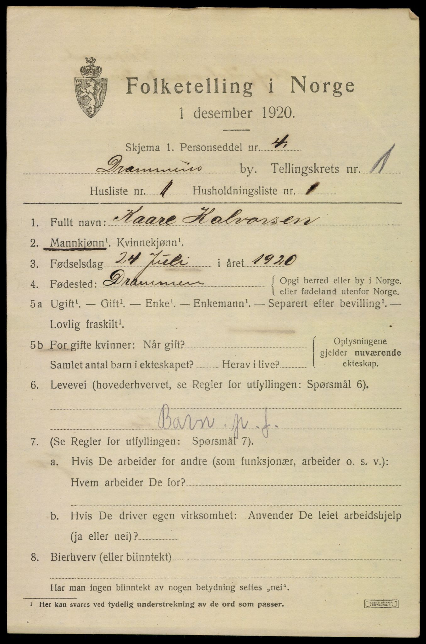 SAKO, 1920 census for Drammen, 1920, p. 18351