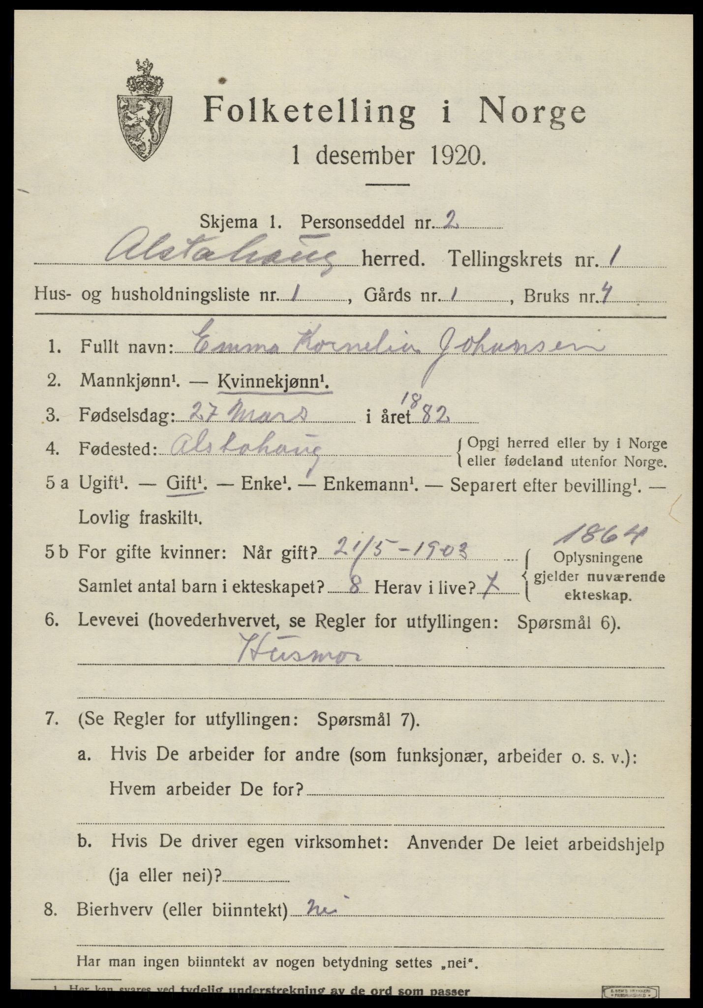 SAT, 1920 census for Alstahaug, 1920, p. 577