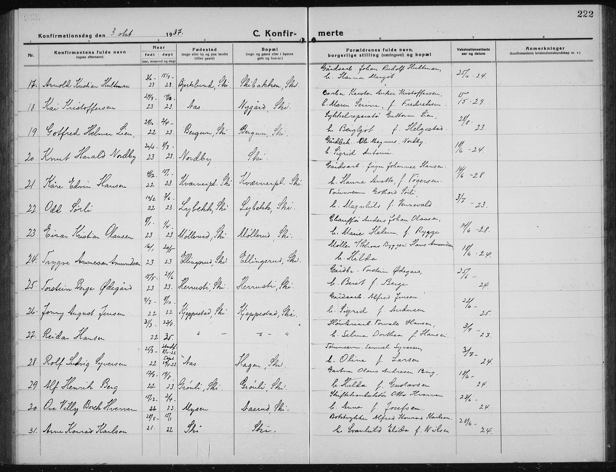 Kråkstad prestekontor Kirkebøker, SAO/A-10125a/G/Gb/L0002: Parish register (copy) no. II 2, 1921-1941, p. 222