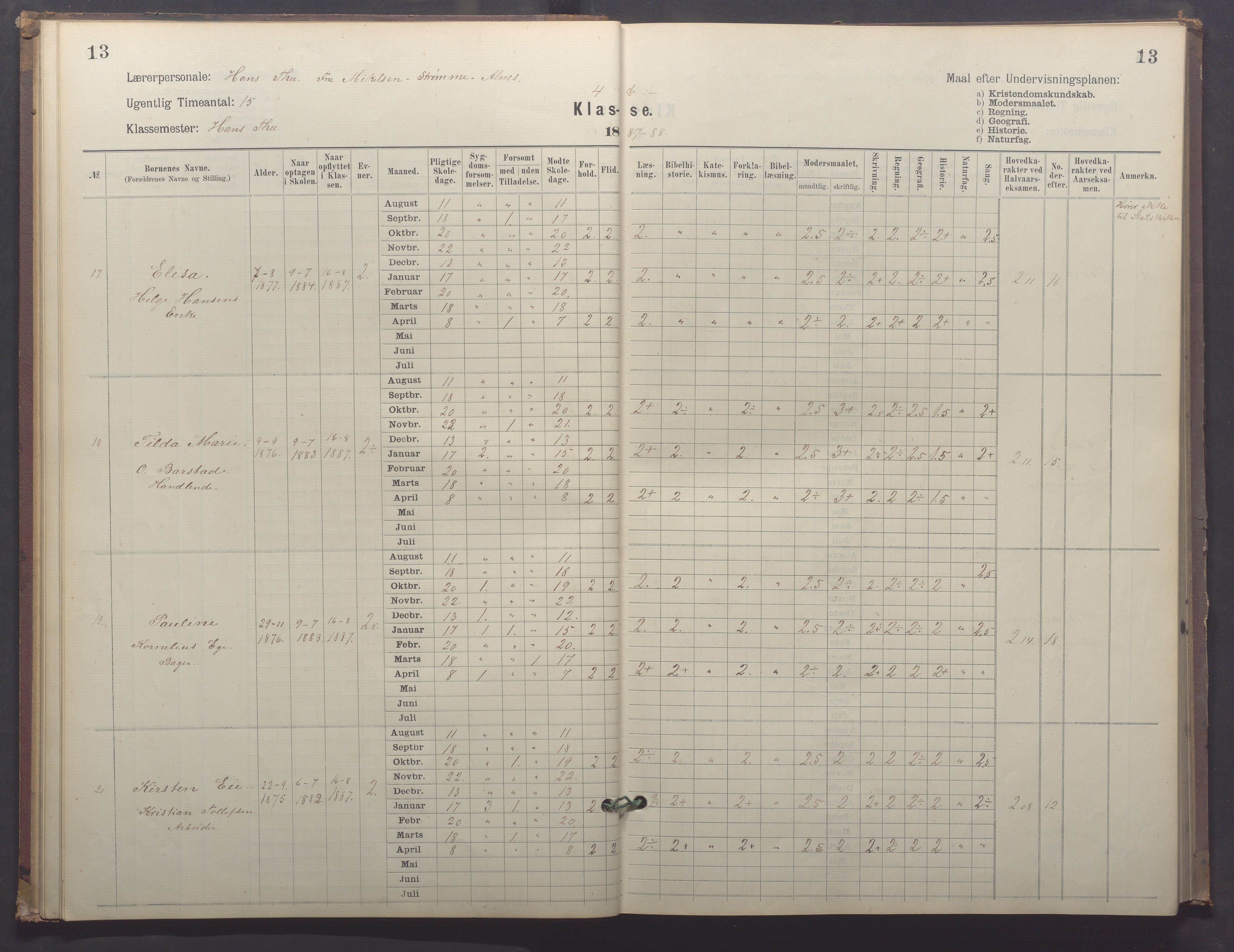 Egersund kommune (Ladested) - Egersund almueskole/folkeskole, IKAR/K-100521/H/L0025: Skoleprotokoll - Almueskolen, 4. klasse, 1887-1892, p. 13