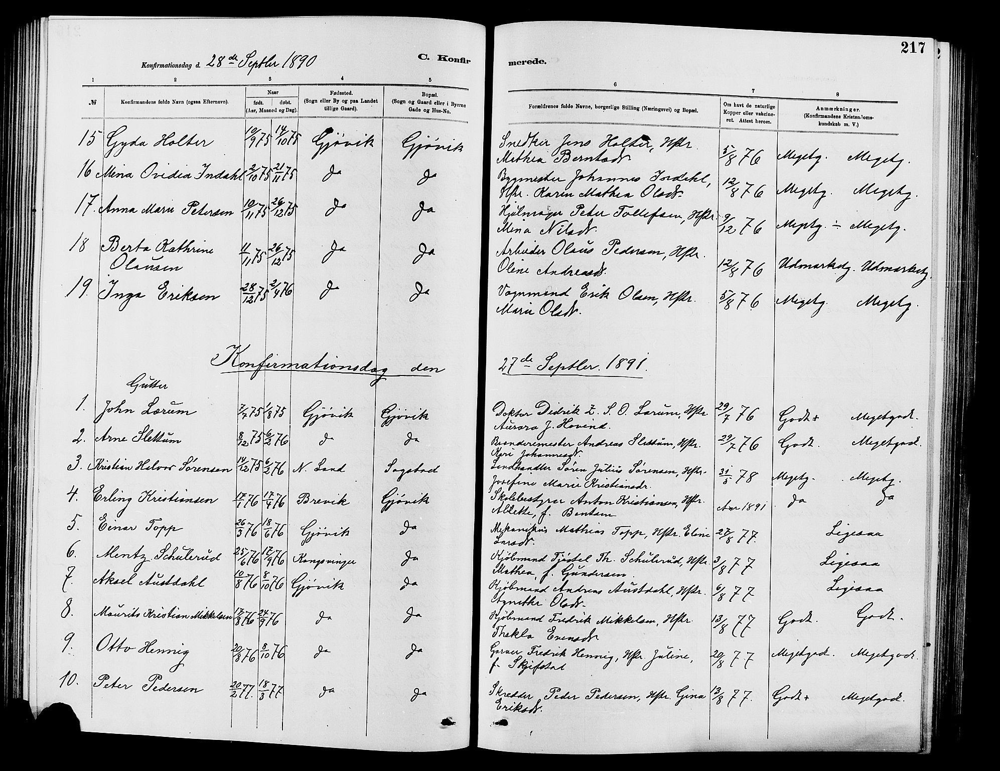 Vardal prestekontor, SAH/PREST-100/H/Ha/Hab/L0007: Parish register (copy) no. 7 /2, 1881-1895, p. 217