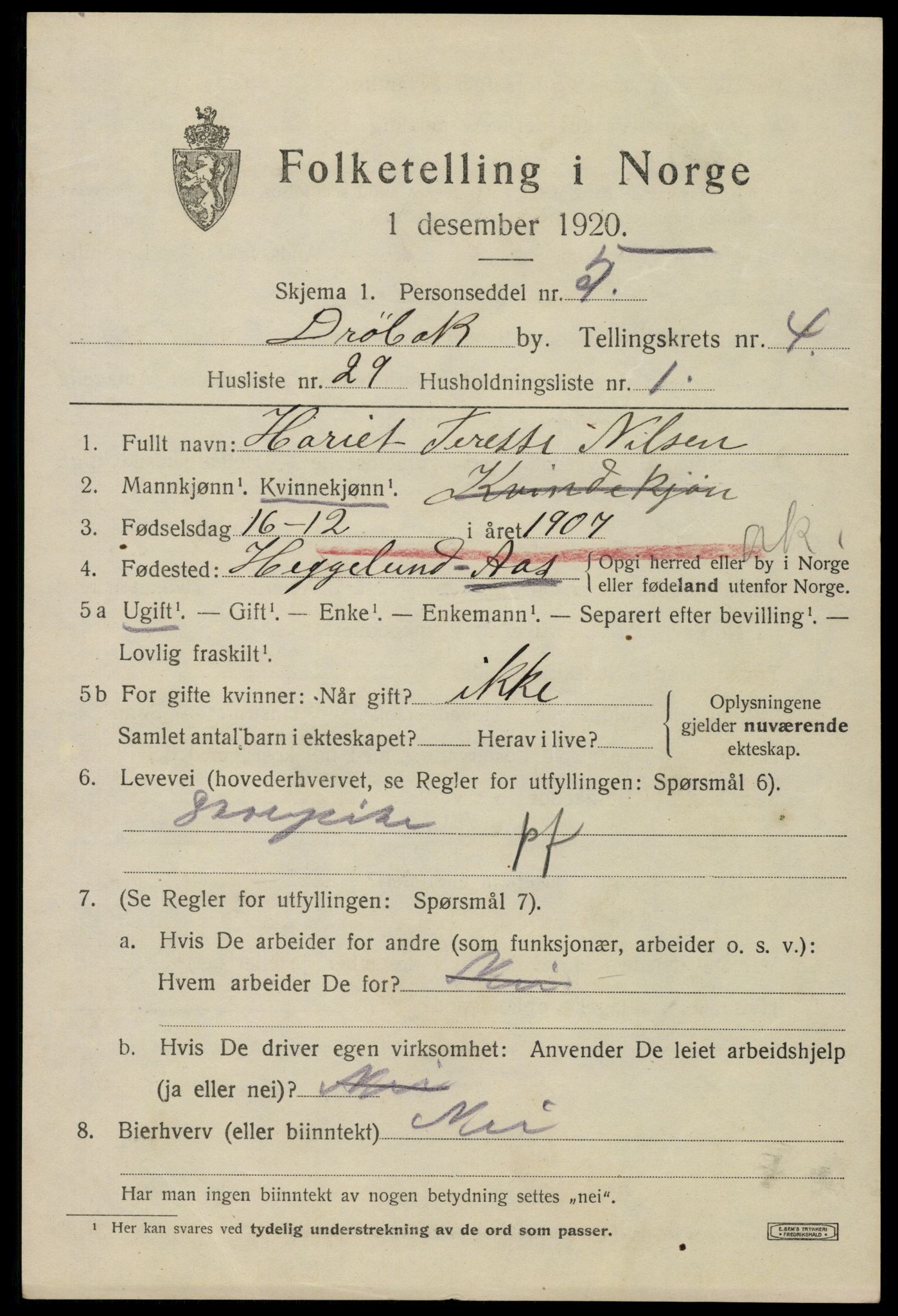 SAO, 1920 census for Drøbak, 1920, p. 4401