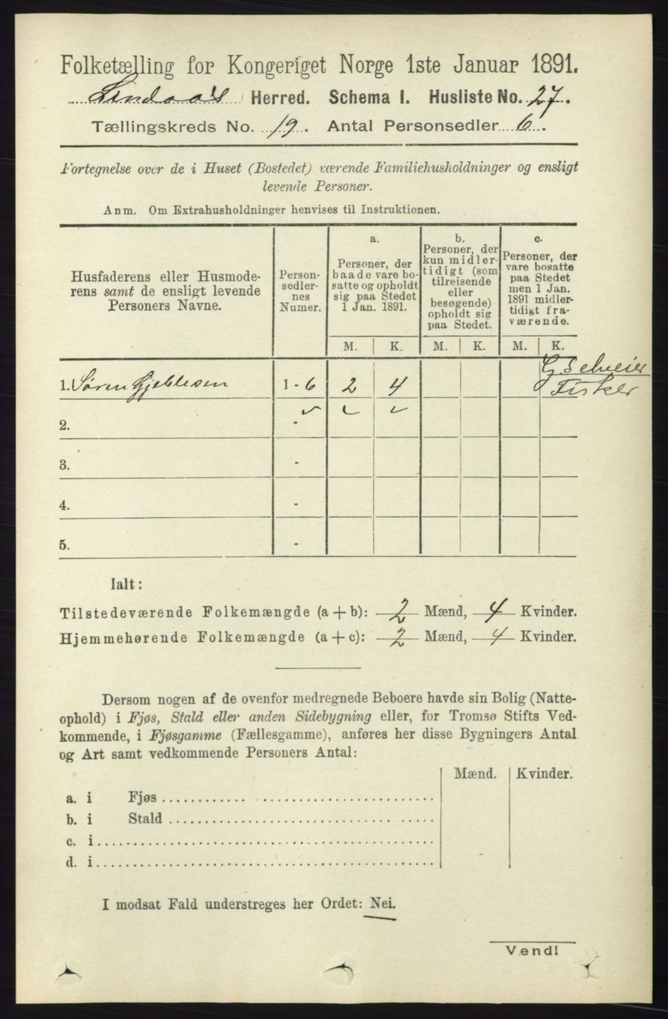 RA, 1891 census for 1263 Lindås, 1891, p. 6899