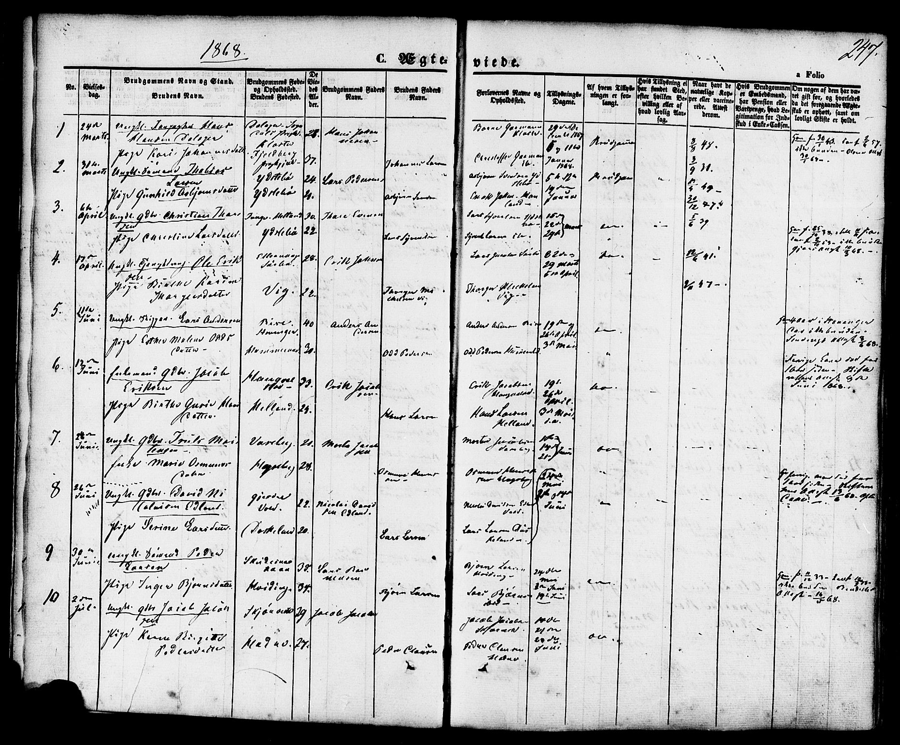 Rennesøy sokneprestkontor, SAST/A -101827/H/Ha/Haa/L0006: Parish register (official) no. A 6, 1860-1878, p. 247