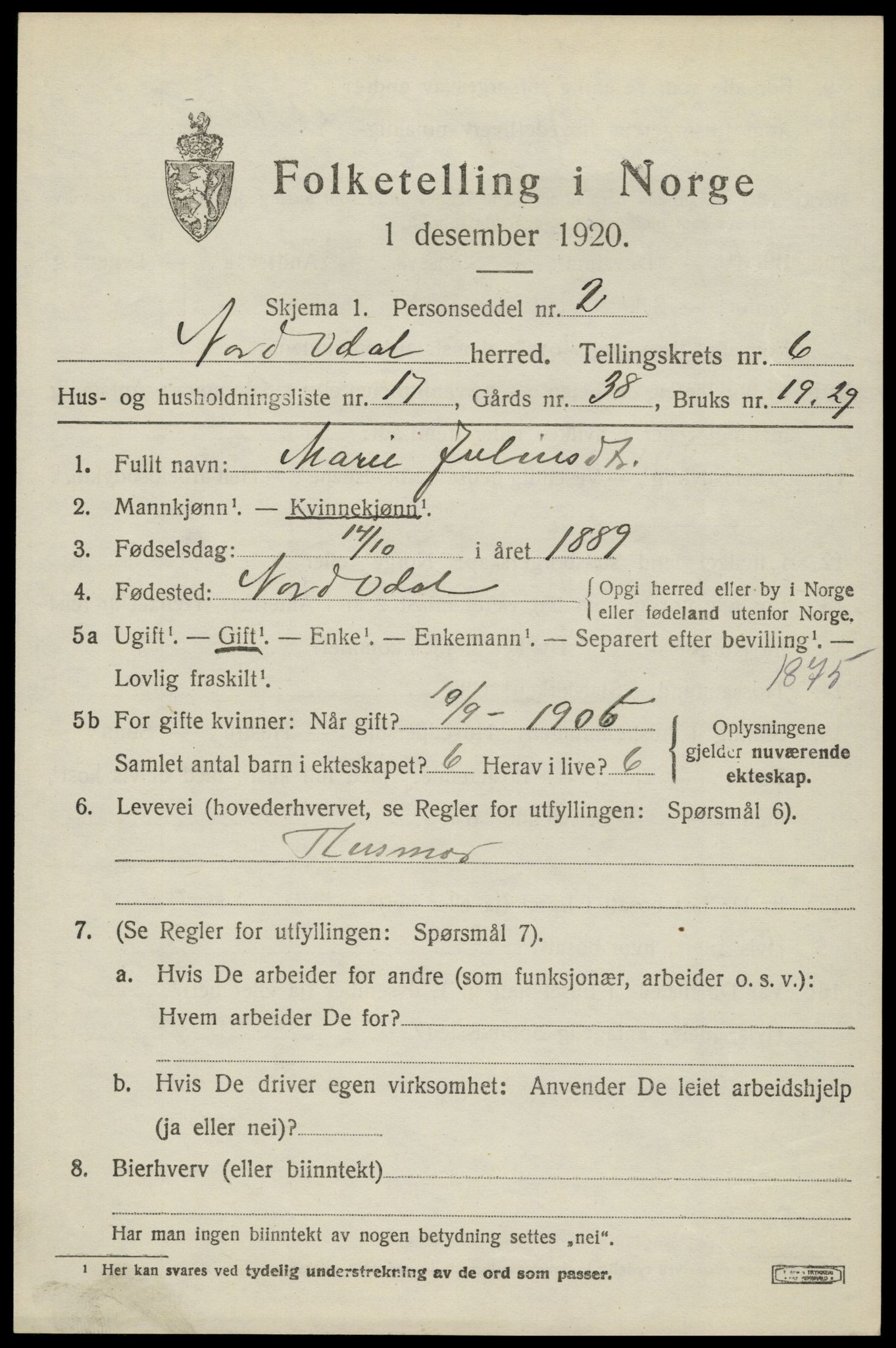 SAH, 1920 census for Nord-Odal, 1920, p. 6797