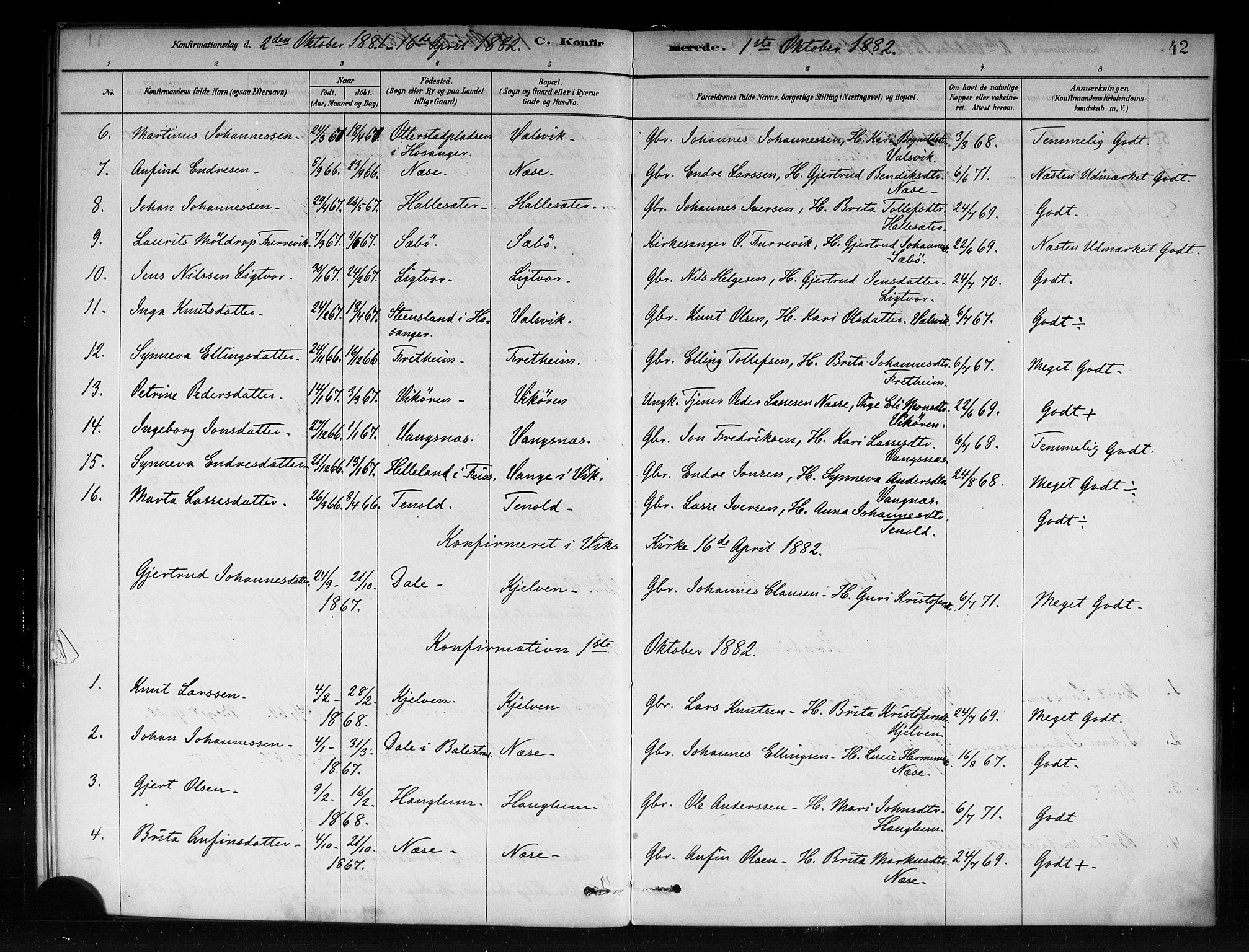 Vik sokneprestembete, AV/SAB-A-81501/H/Haa/Haac/L0001: Parish register (official) no. C 1, 1878-1890, p. 42