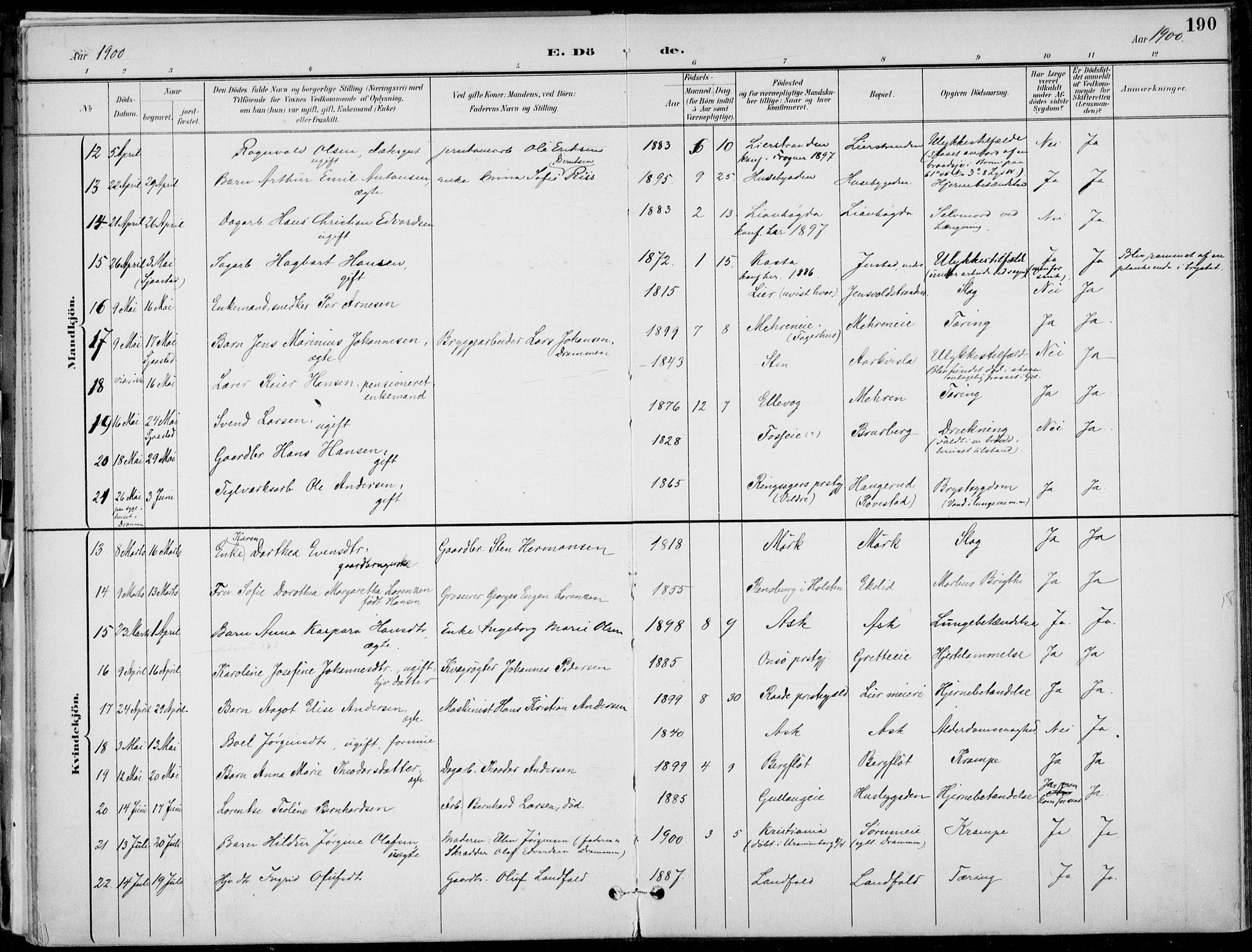 Lier kirkebøker, AV/SAKO-A-230/F/Fa/L0016: Parish register (official) no. I 16, 1895-1900, p. 190