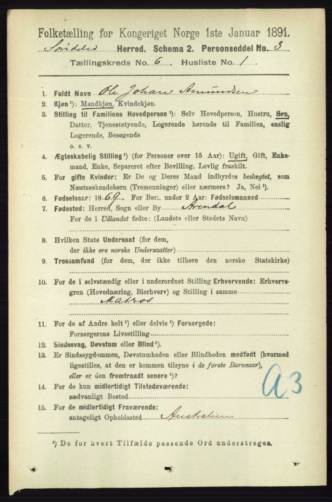 RA, 1891 census for 0913 Søndeled, 1891, p. 1816