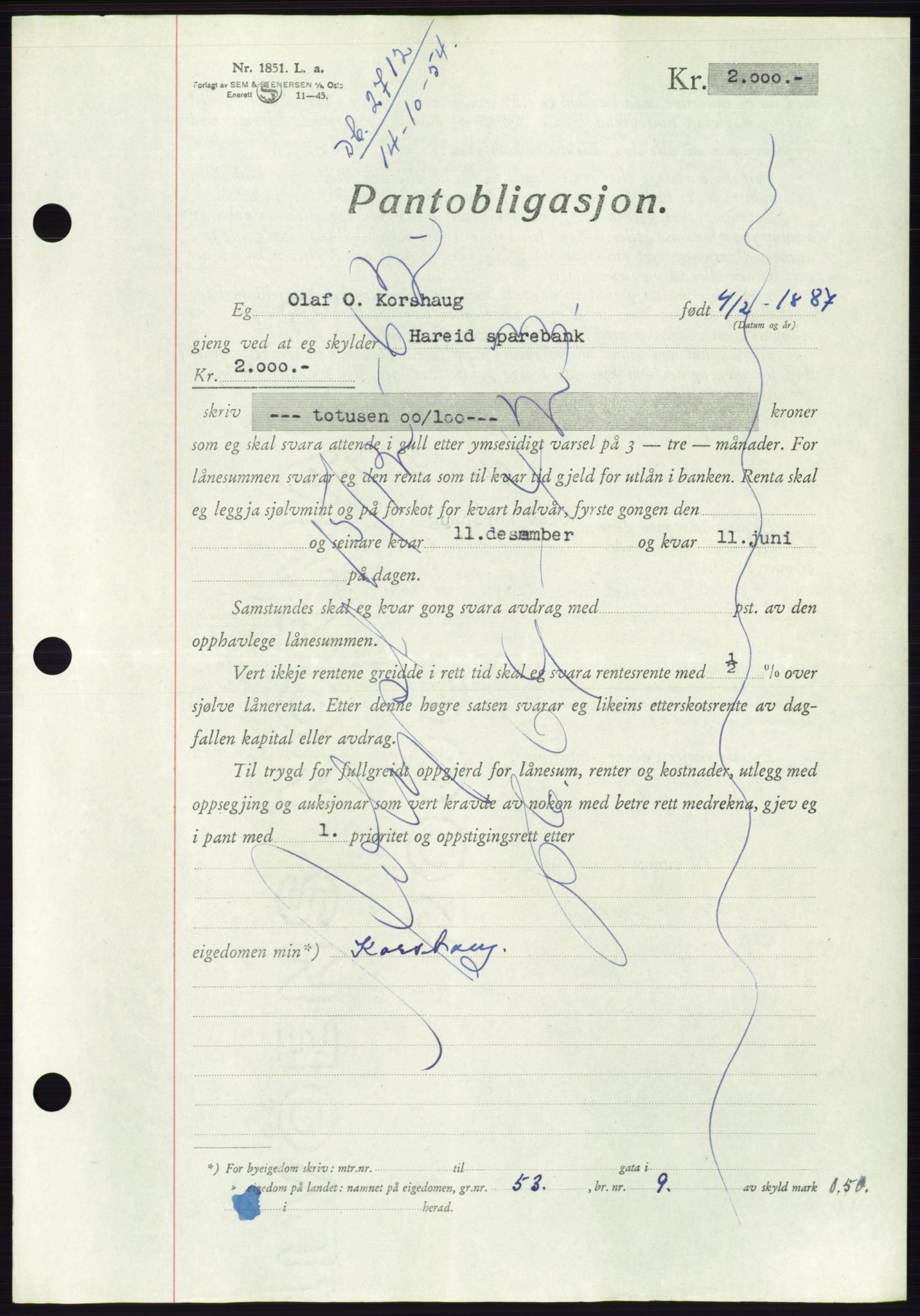 Søre Sunnmøre sorenskriveri, AV/SAT-A-4122/1/2/2C/L0126: Mortgage book no. 14B, 1954-1955, Diary no: : 2712/1954