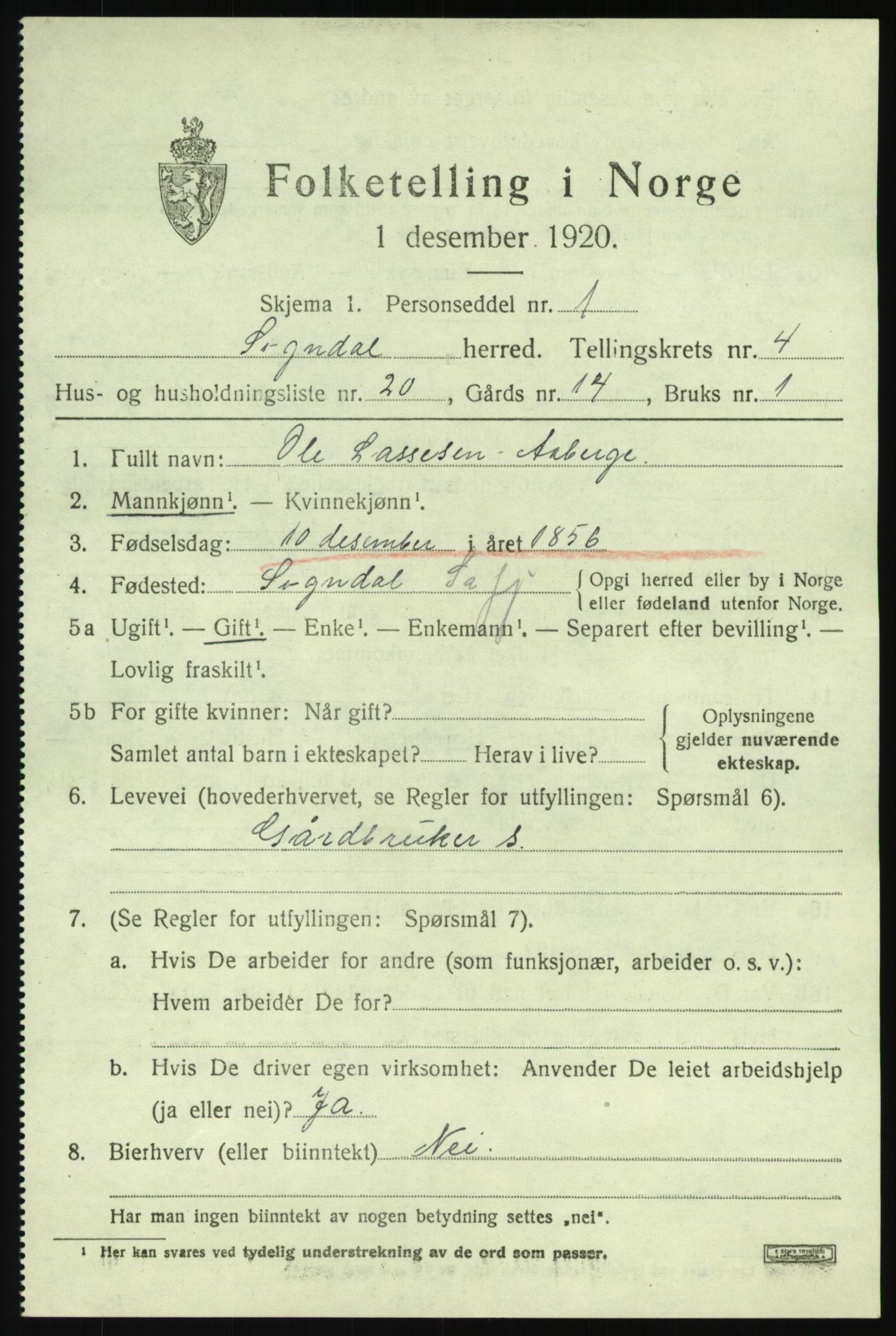 SAB, 1920 census for Sogndal, 1920, p. 2633