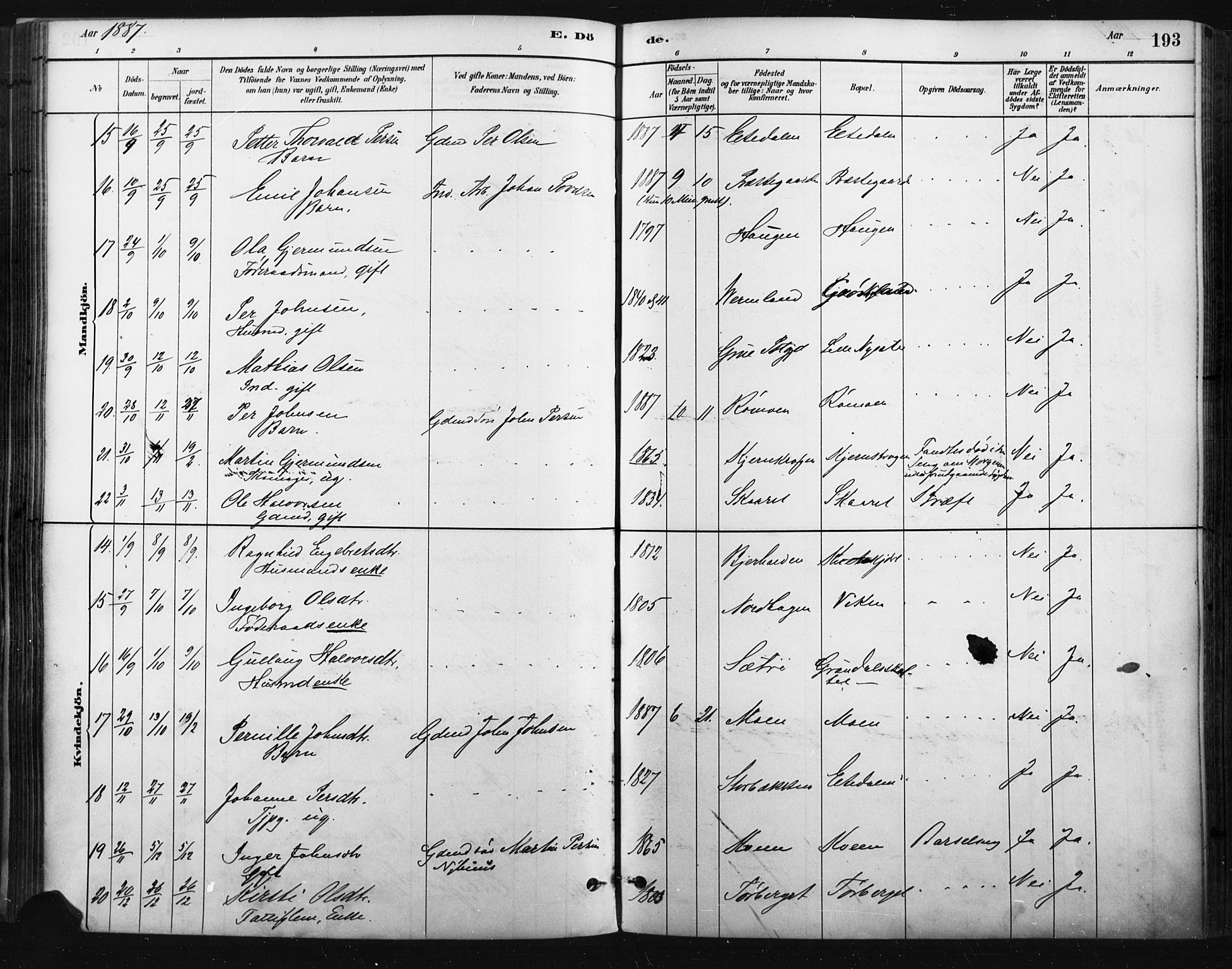 Trysil prestekontor, AV/SAH-PREST-046/H/Ha/Haa/L0009: Parish register (official) no. 9, 1881-1897, p. 193