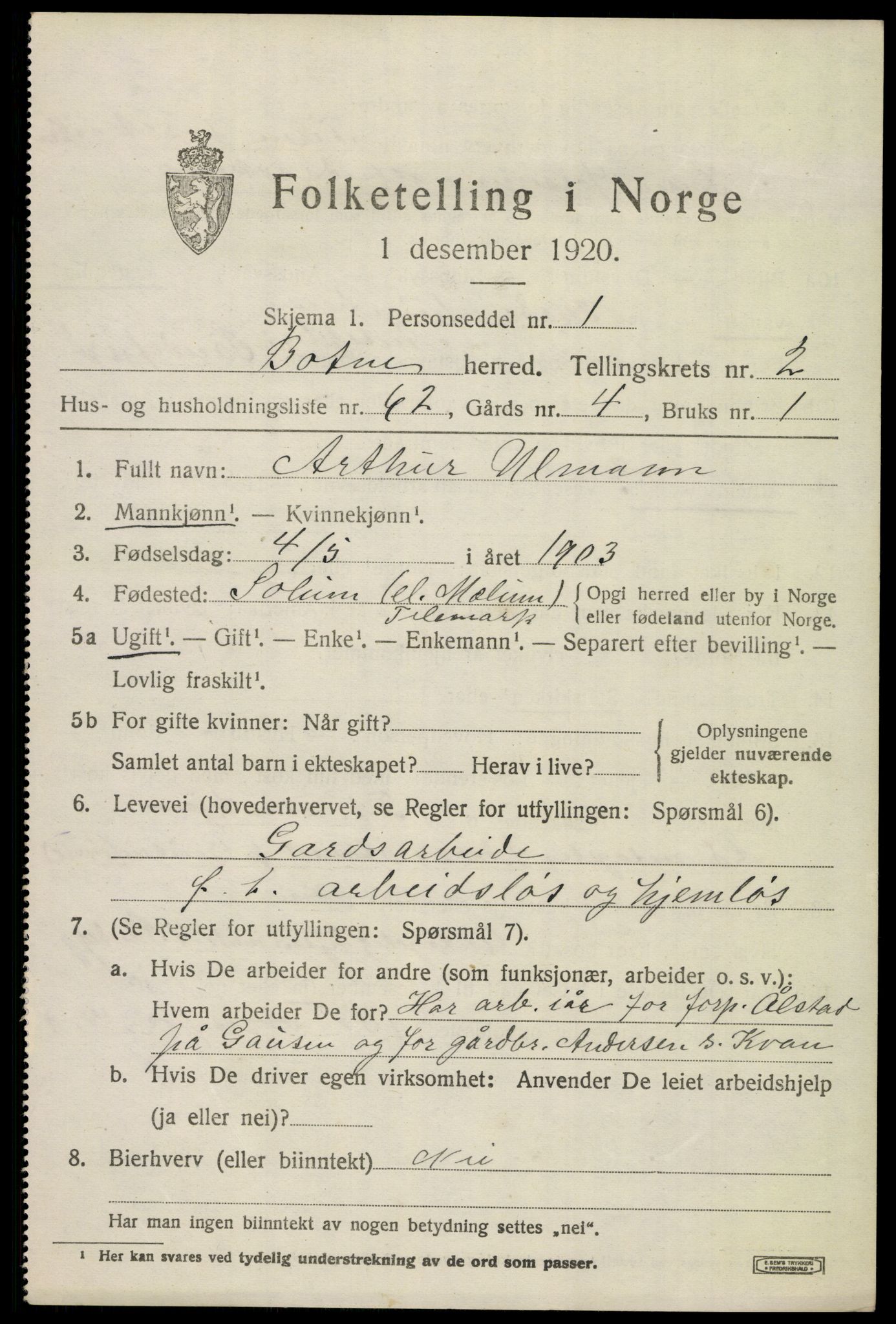 SAKO, 1920 census for Botne, 1920, p. 3071