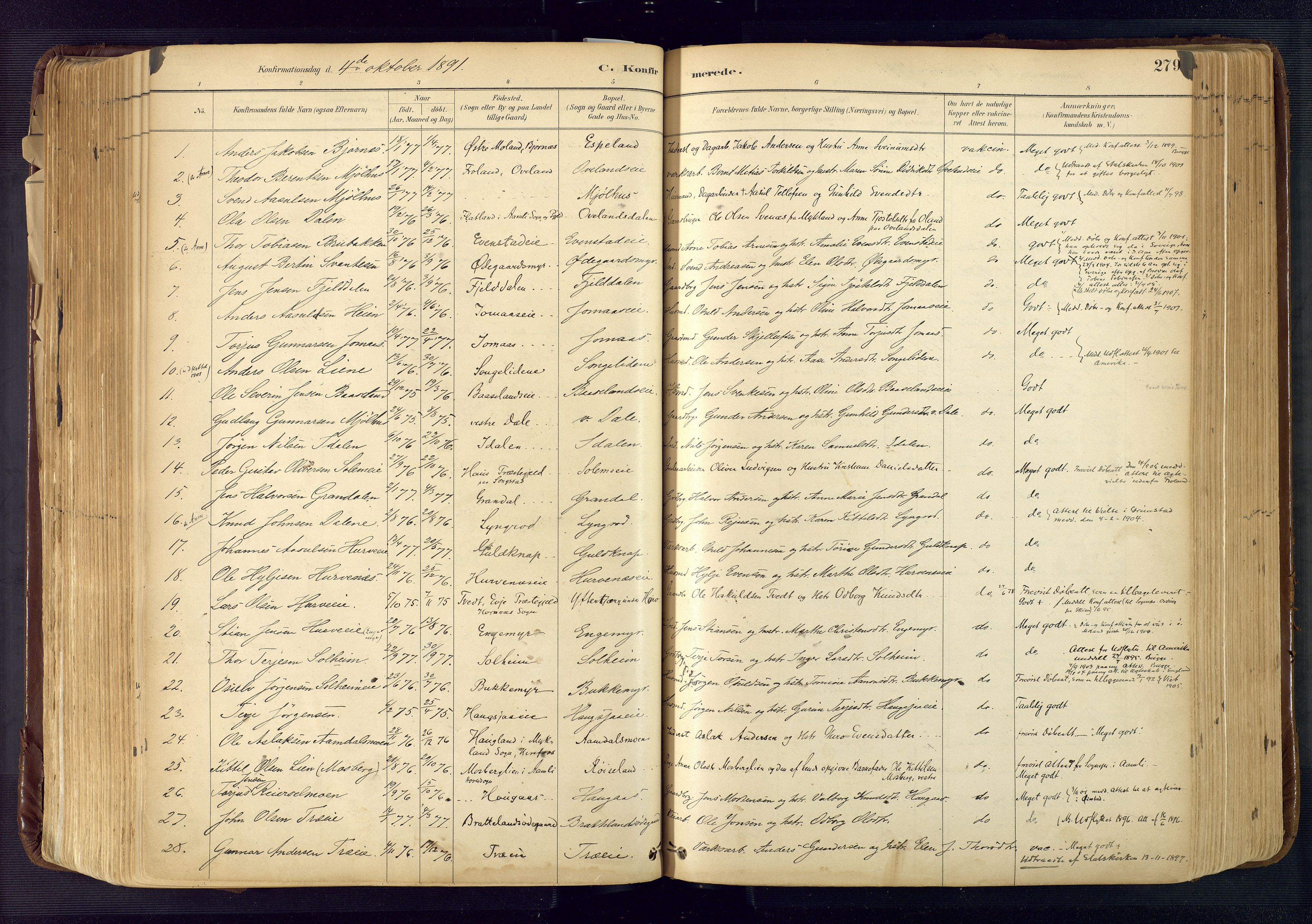 Froland sokneprestkontor, SAK/1111-0013/F/Fa/L0005: Parish register (official) no. A 5, 1882-1921, p. 279