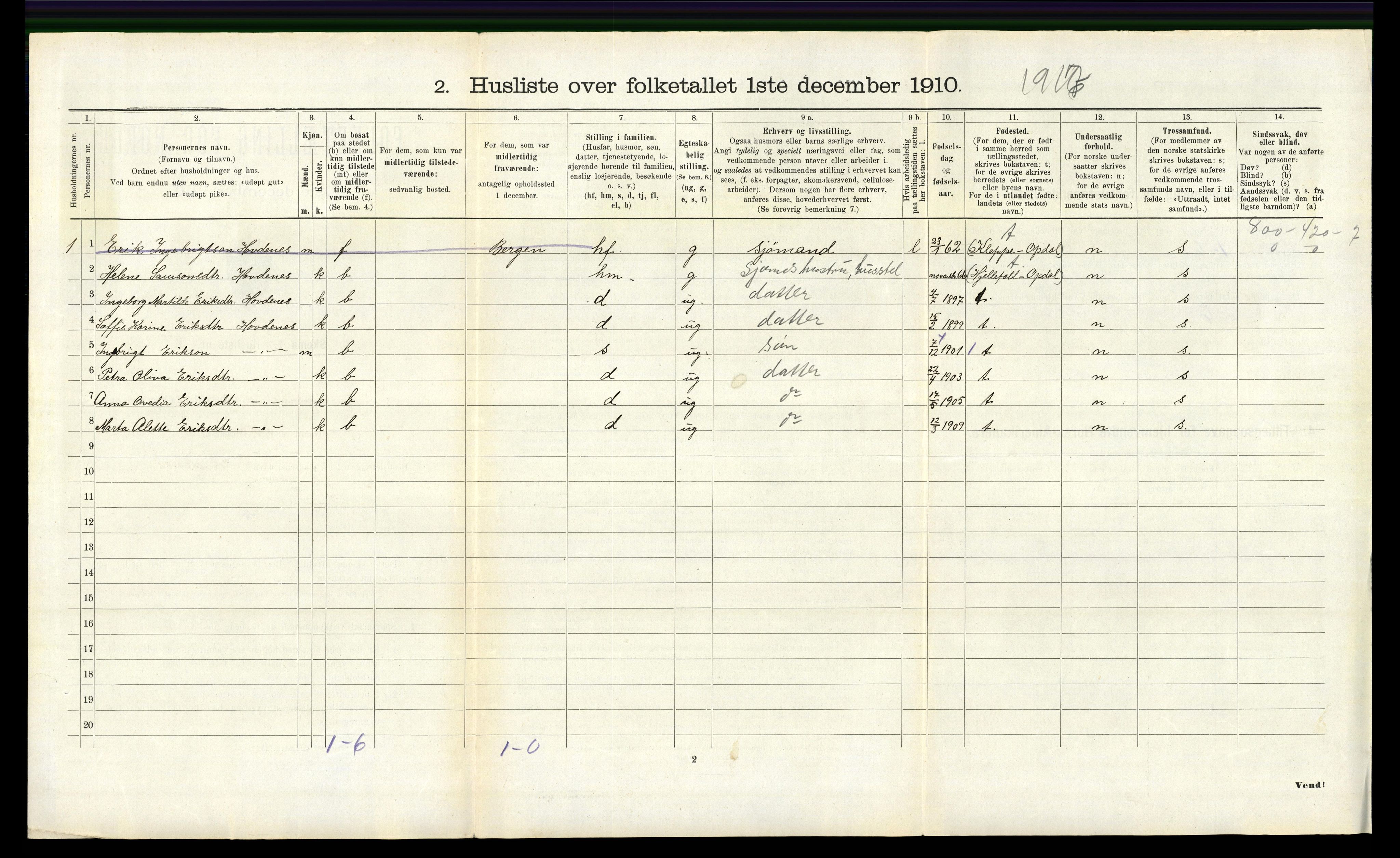 RA, 1910 census for Tysnes, 1910, p. 227