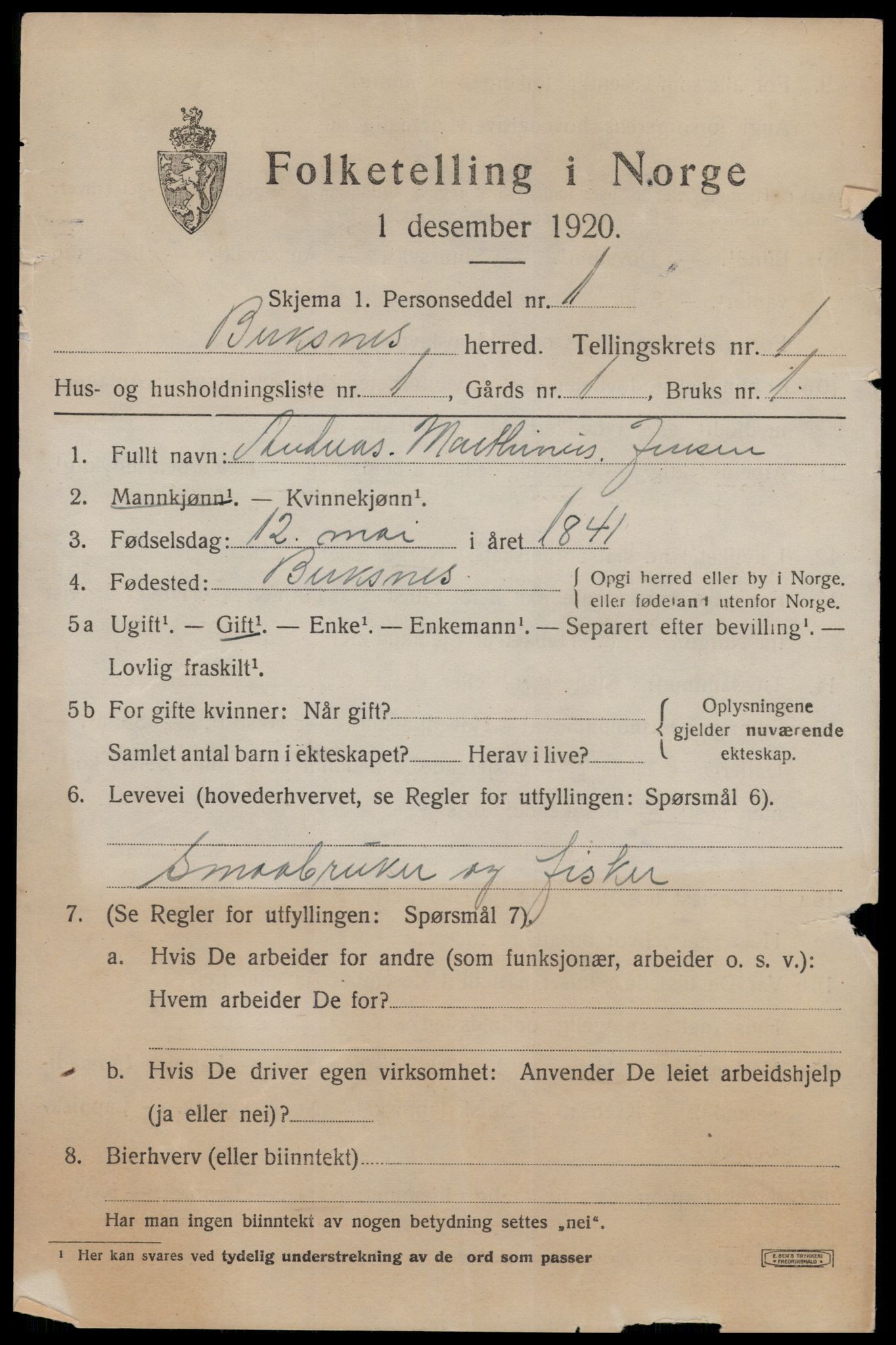 SAT, 1920 census for Buksnes, 1920, p. 955