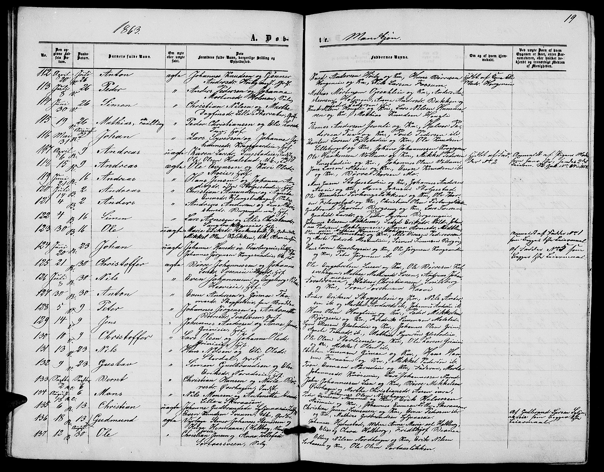 Ringsaker prestekontor, AV/SAH-PREST-014/L/La/L0007: Parish register (copy) no. 7, 1861-1869, p. 19