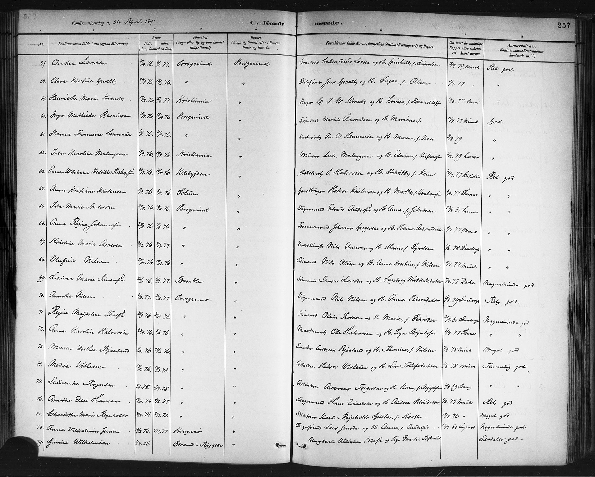 Porsgrunn kirkebøker , SAKO/A-104/G/Gb/L0005: Parish register (copy) no. II 5, 1883-1915, p. 257