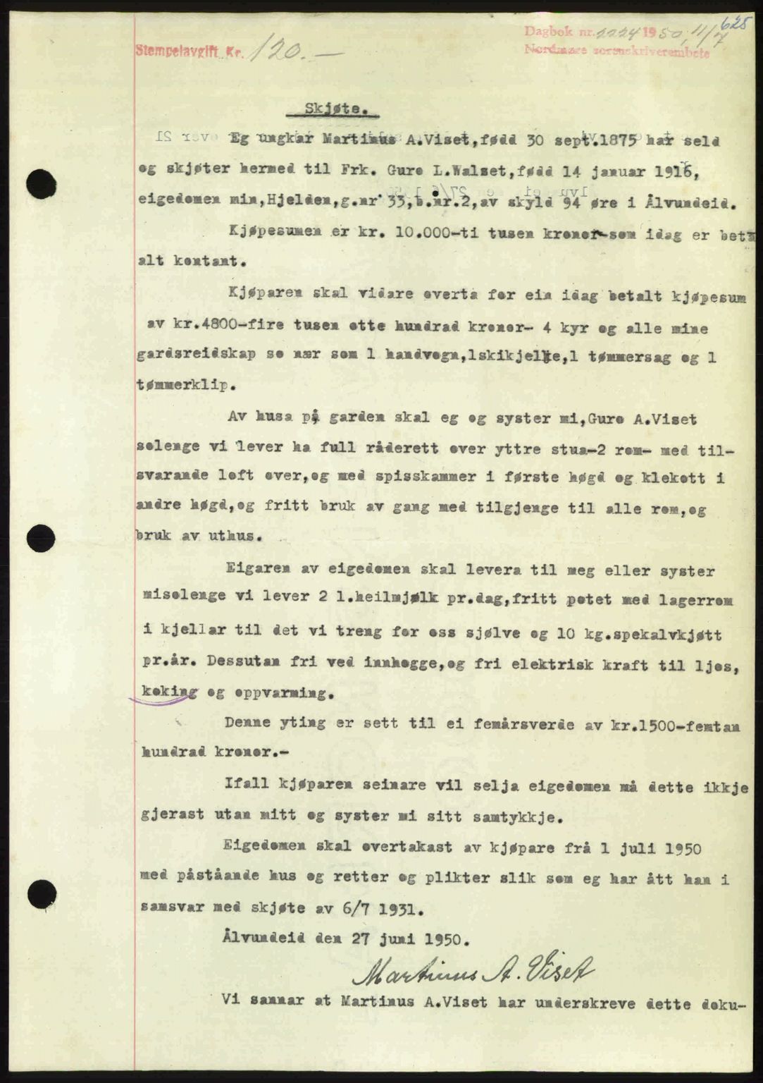 Nordmøre sorenskriveri, AV/SAT-A-4132/1/2/2Ca: Mortgage book no. A115, 1950-1950, Diary no: : 2224/1950