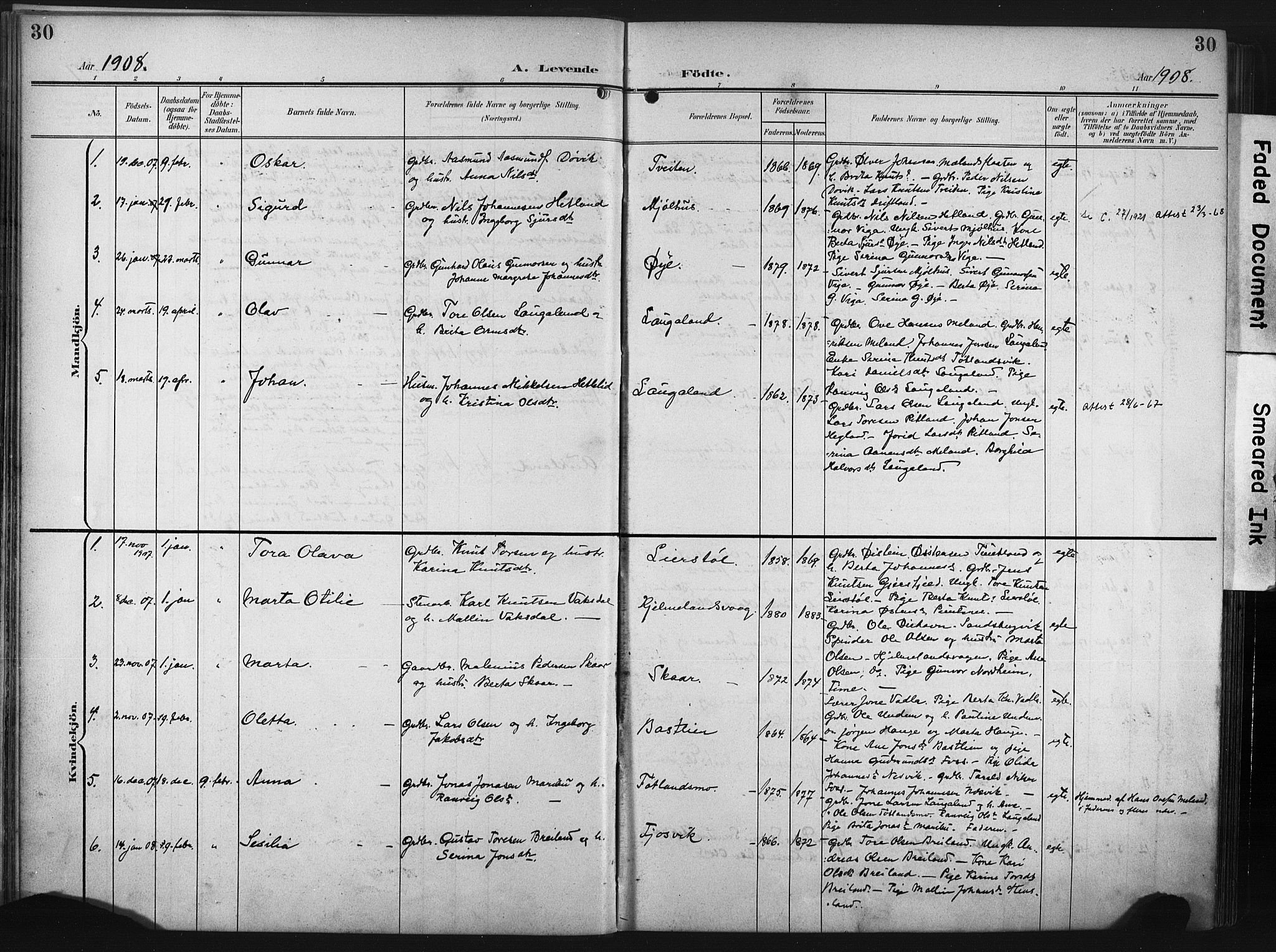 Hjelmeland sokneprestkontor, AV/SAST-A-101843/02/A/L0002: Parish register (official) no. A 17, 1901-1916, p. 30