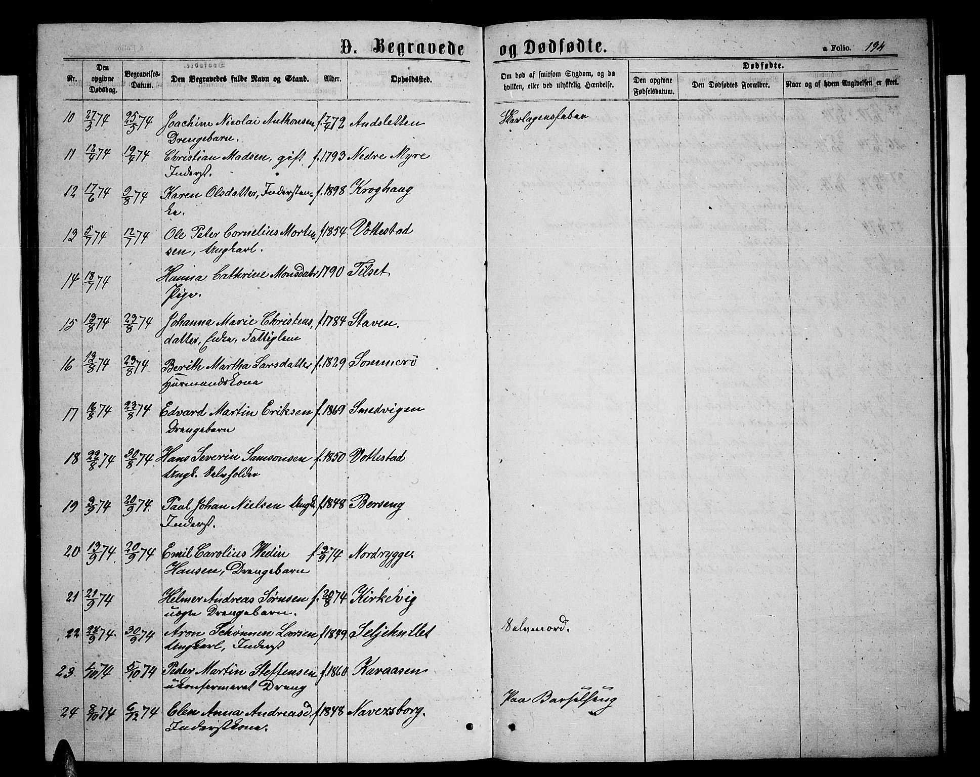 Ministerialprotokoller, klokkerbøker og fødselsregistre - Nordland, AV/SAT-A-1459/893/L1348: Parish register (copy) no. 893C03, 1867-1877, p. 194