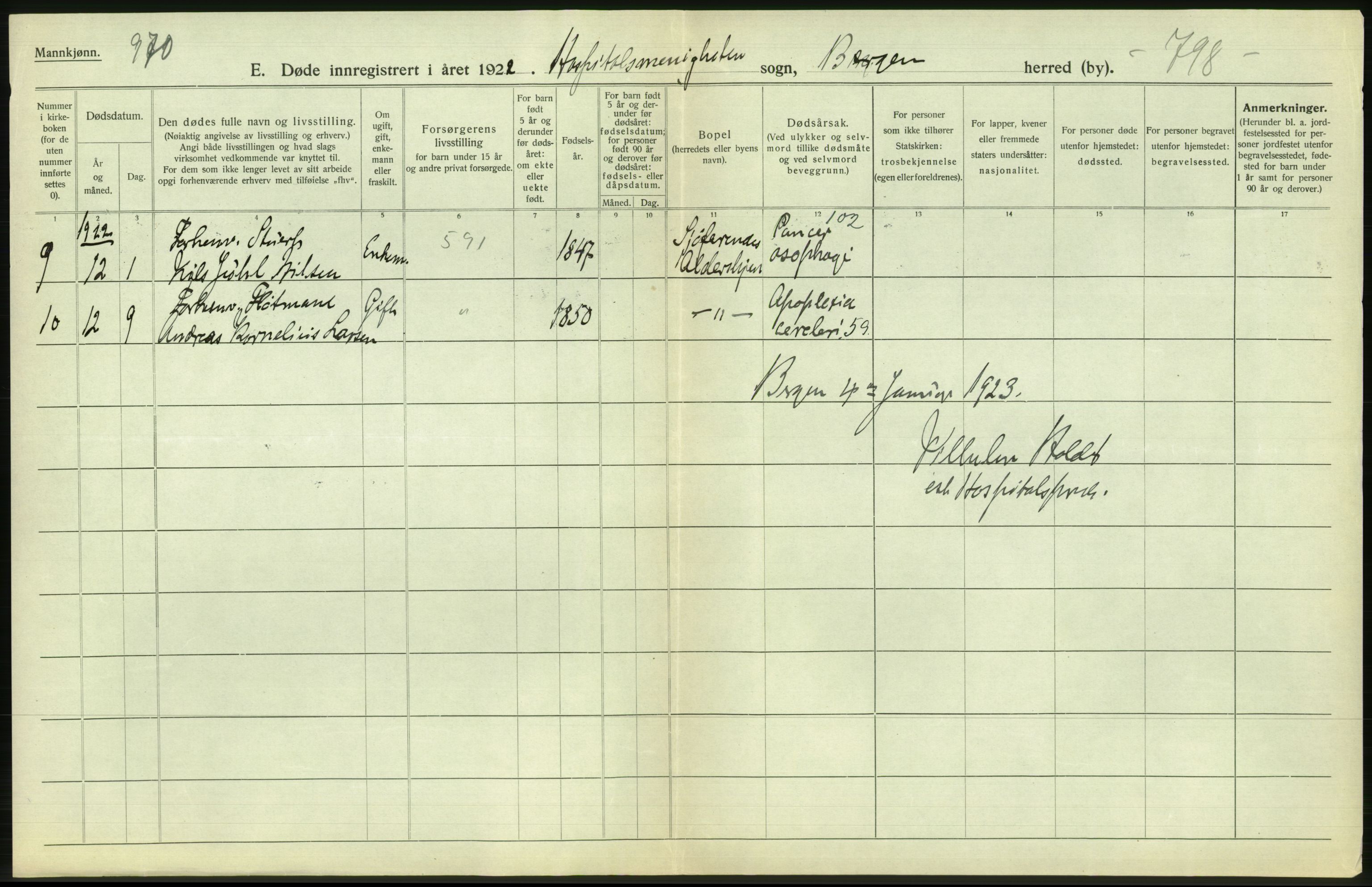 Statistisk sentralbyrå, Sosiodemografiske emner, Befolkning, AV/RA-S-2228/D/Df/Dfc/Dfcb/L0030: Bergen: Gifte, døde, dødfødte., 1922, p. 420