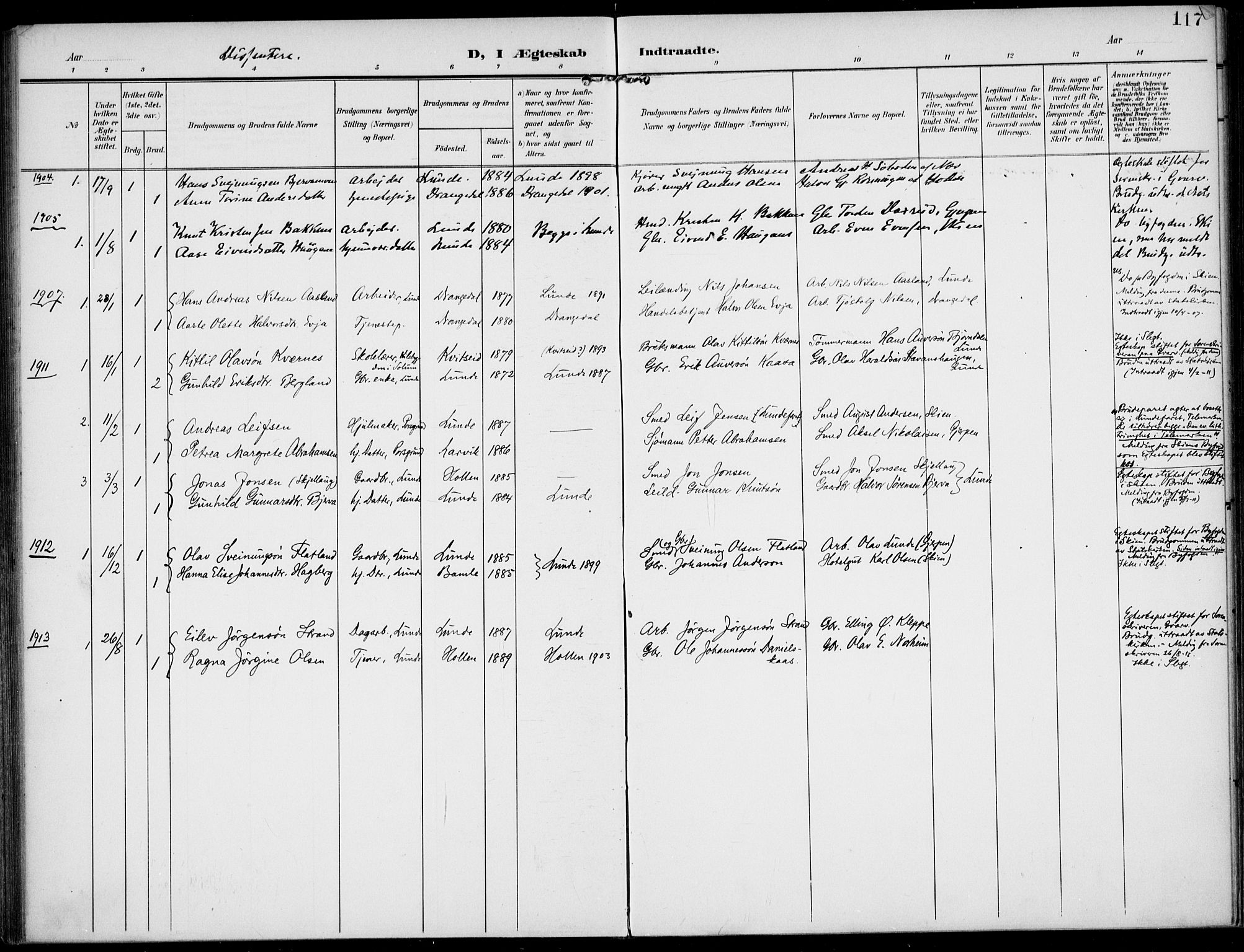 Lunde kirkebøker, AV/SAKO-A-282/F/Fa/L0004: Parish register (official) no. I 4, 1902-1913, p. 117