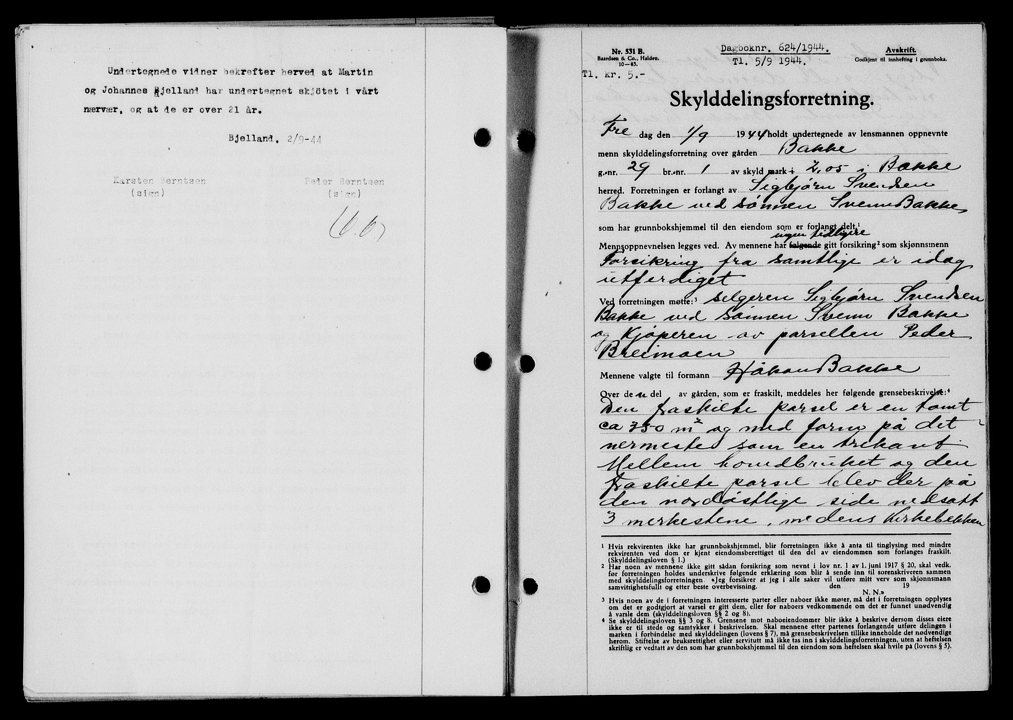 Flekkefjord sorenskriveri, AV/SAK-1221-0001/G/Gb/Gba/L0059: Mortgage book no. A-7, 1944-1945, Diary no: : 624/1944