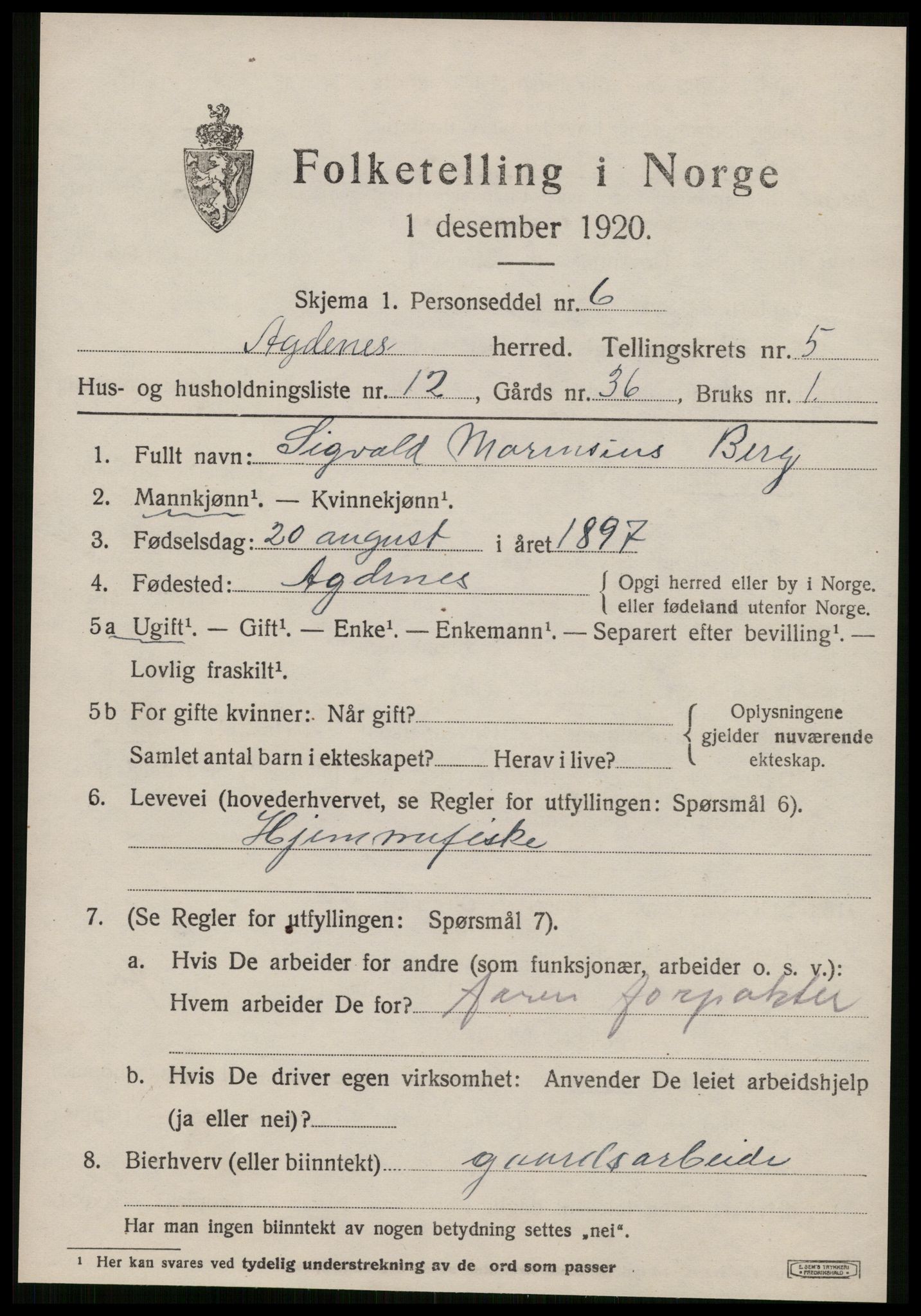 SAT, 1920 census for Agdenes, 1920, p. 2429