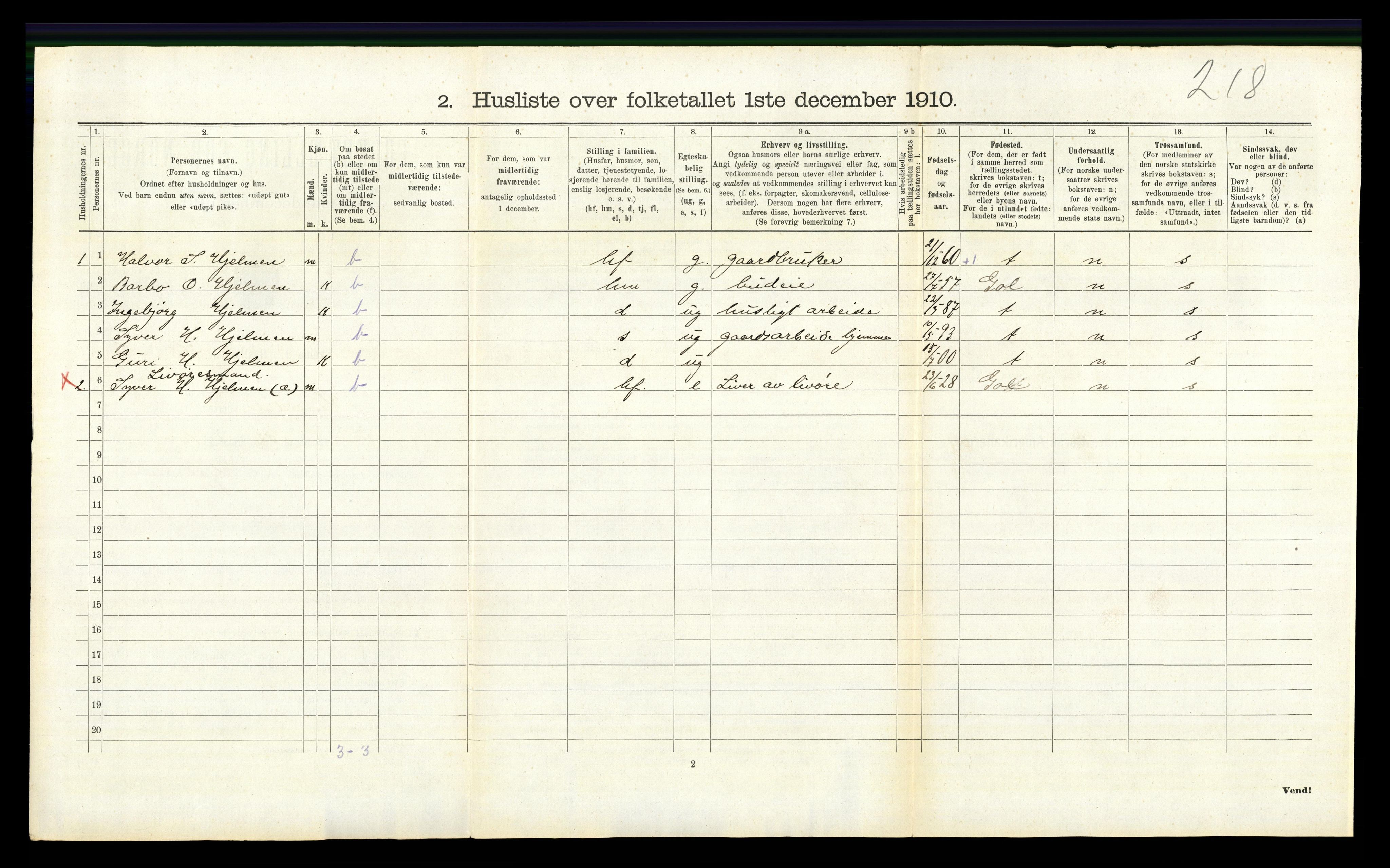 RA, 1910 census for Hemsedal, 1910, p. 111