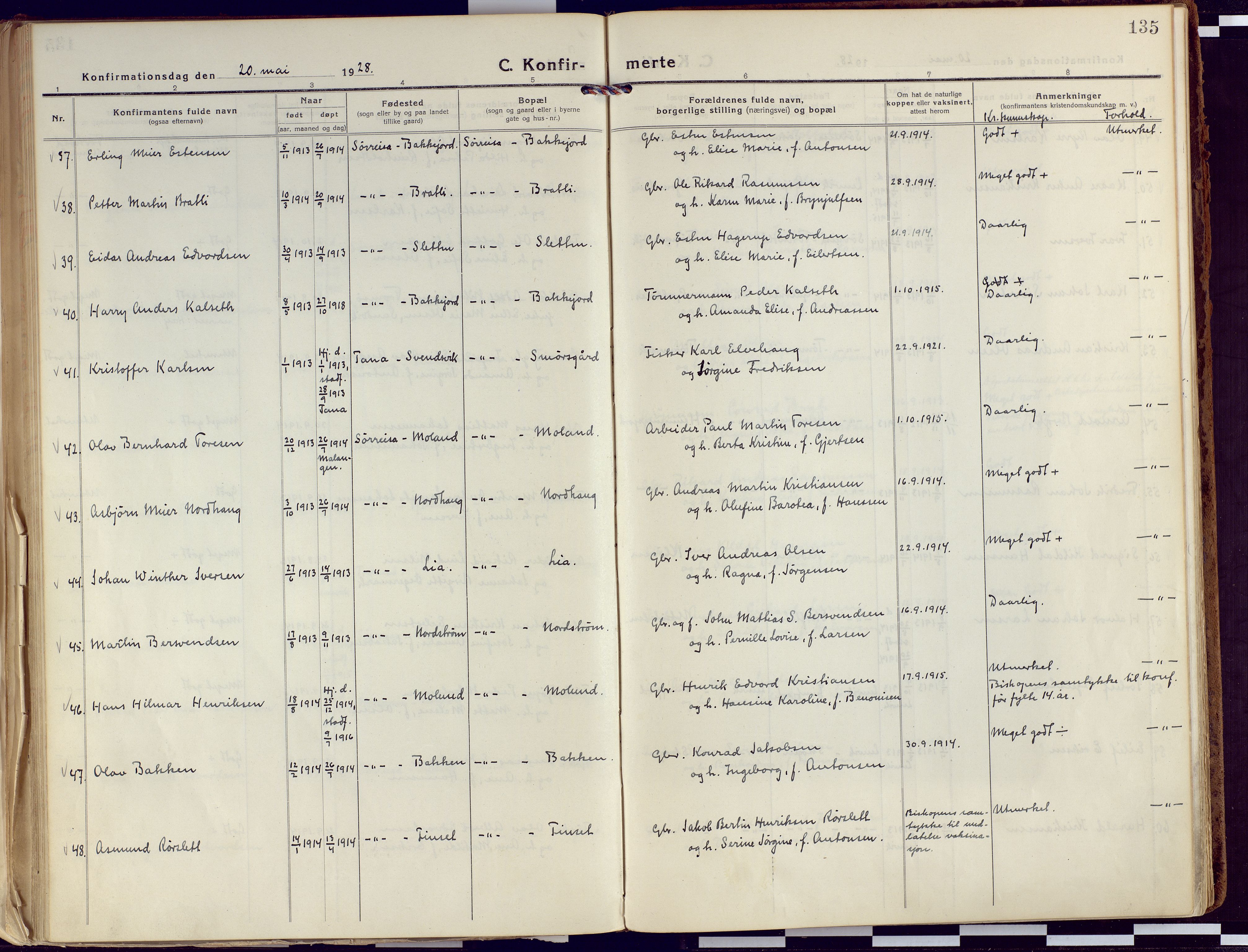 Tranøy sokneprestkontor, AV/SATØ-S-1313/I/Ia/Iaa/L0015kirke: Parish register (official) no. 15, 1919-1928, p. 135