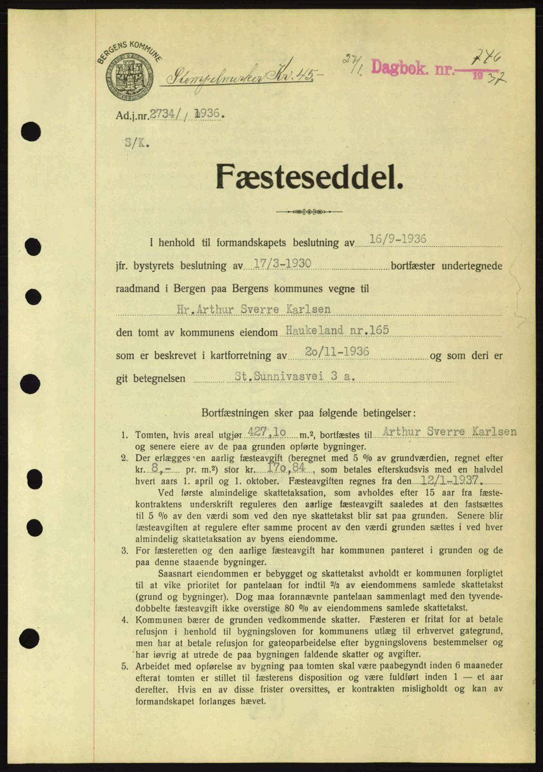 Byfogd og Byskriver i Bergen, SAB/A-3401/03/03Bc/L0004: Mortgage book no. A3-4, 1936-1937, Diary no: : 746/1937