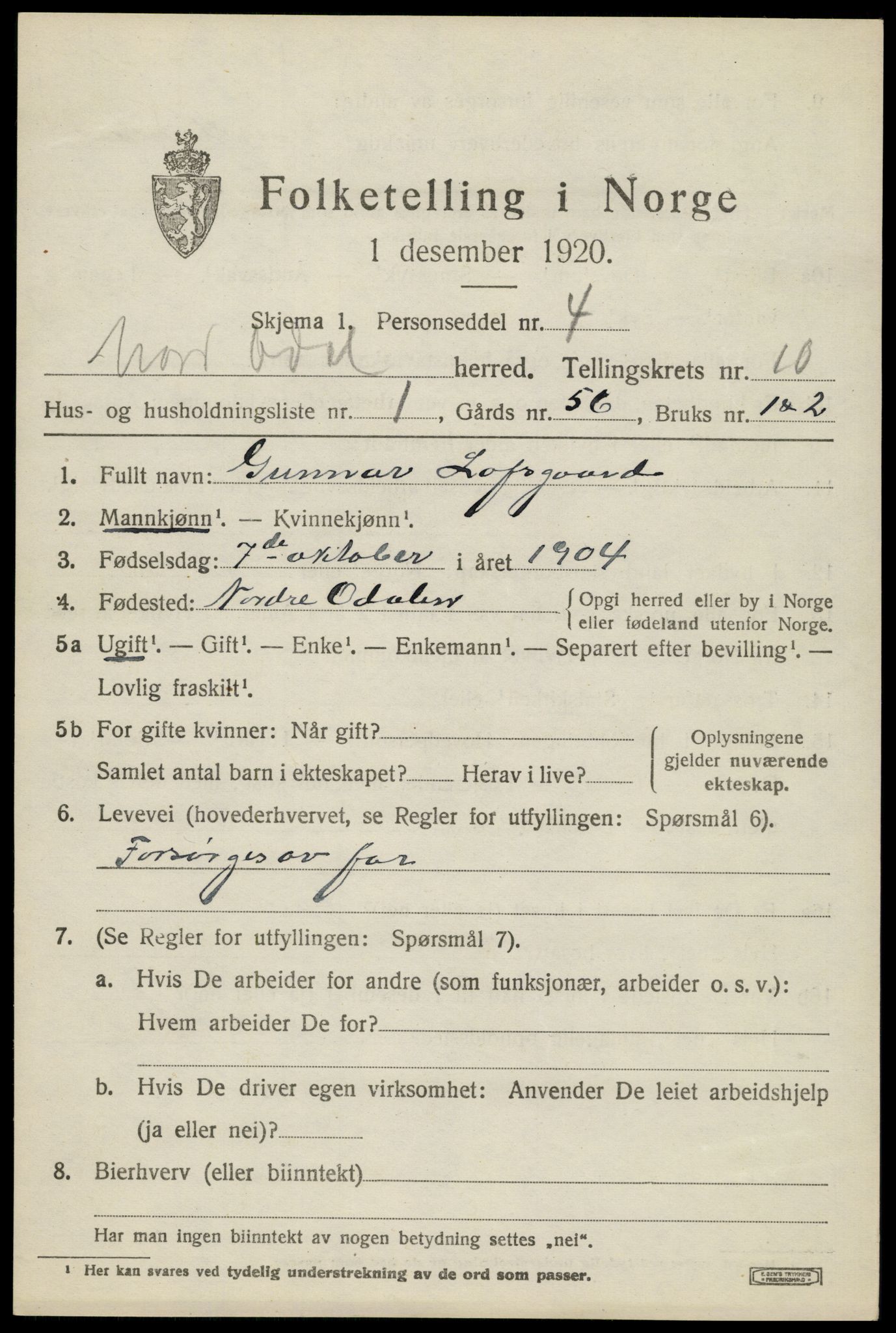 SAH, 1920 census for Nord-Odal, 1920, p. 10879