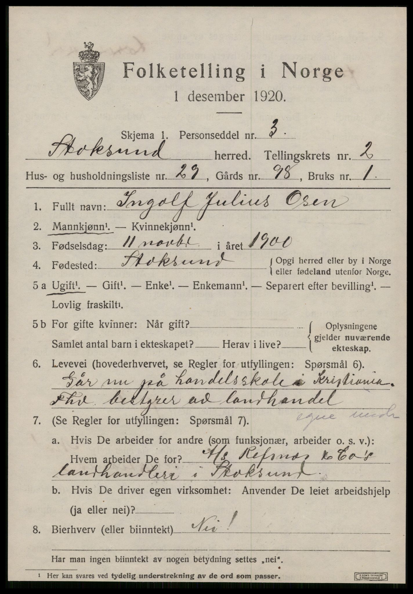 SAT, 1920 census for Stoksund, 1920, p. 1452