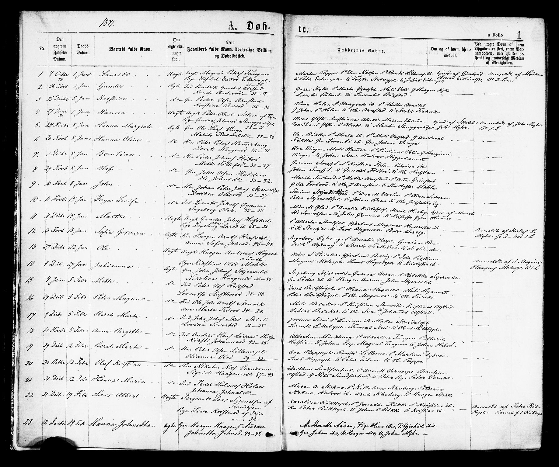 Ministerialprotokoller, klokkerbøker og fødselsregistre - Nord-Trøndelag, SAT/A-1458/709/L0076: Parish register (official) no. 709A16, 1871-1879, p. 1