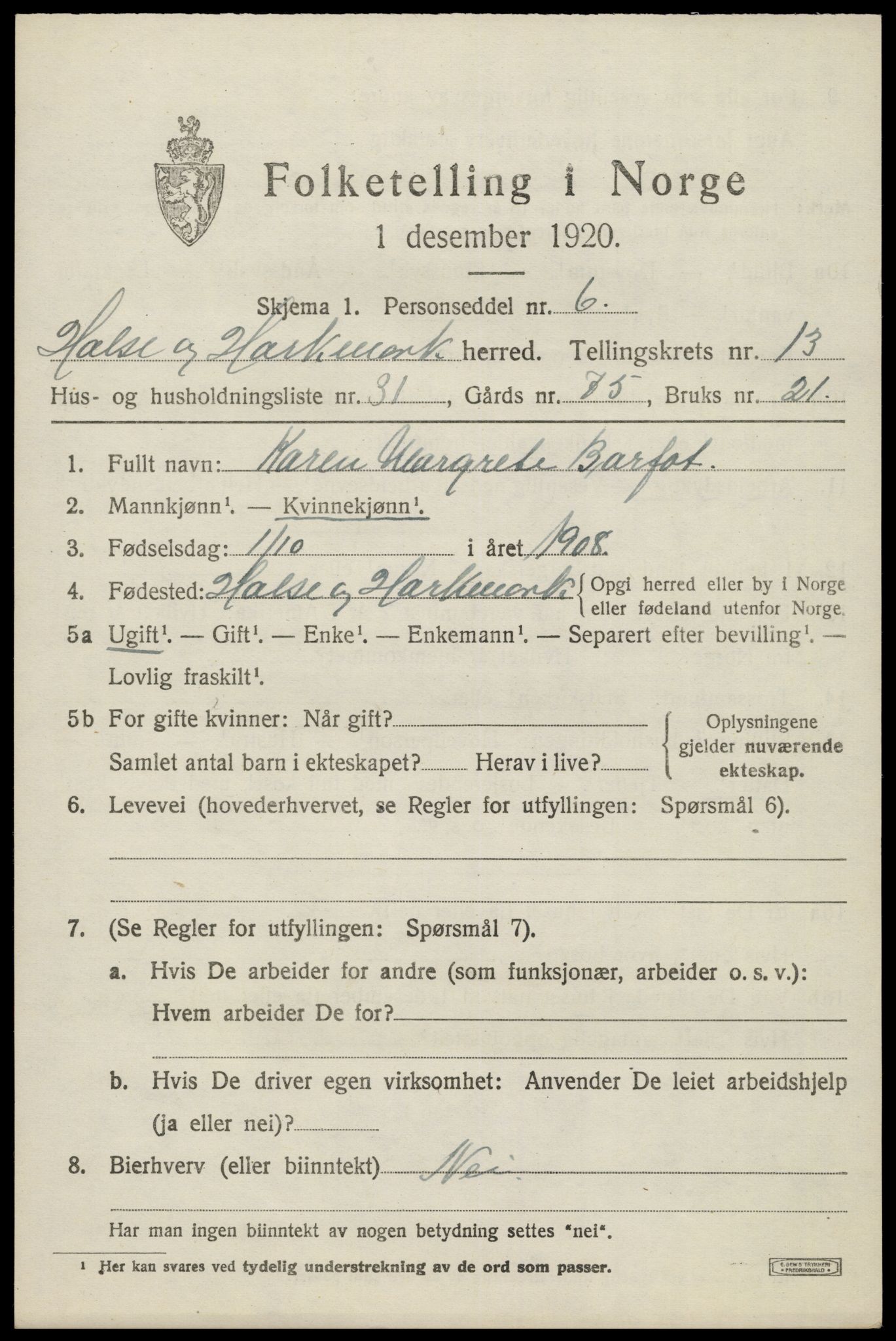 SAK, 1920 census for Halse og Harkmark, 1920, p. 7283