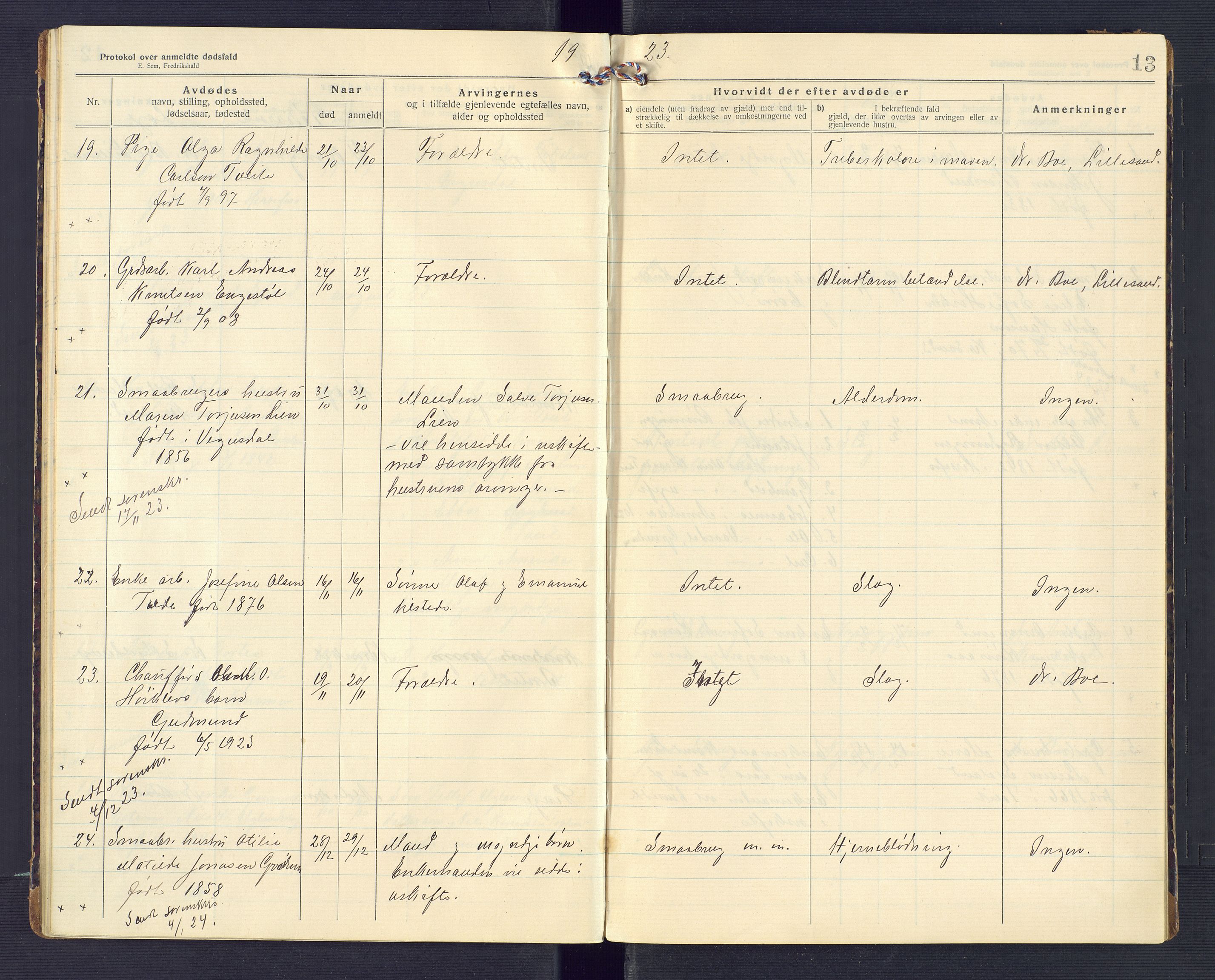 Birkenes lensmannskontor, AV/SAK-1241-0004/F/Fe/L0001/0002: Dødsfallsprotokoller / Dødsfallsprotokoll, 1920-1932, p. 13